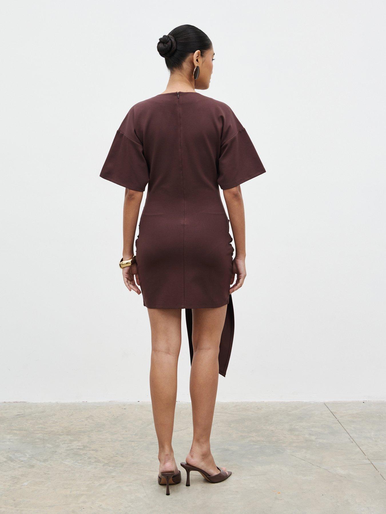 Image 2 of 4 of Pretty Lavish Olivia Jersey Knot Mini Dress - Brown