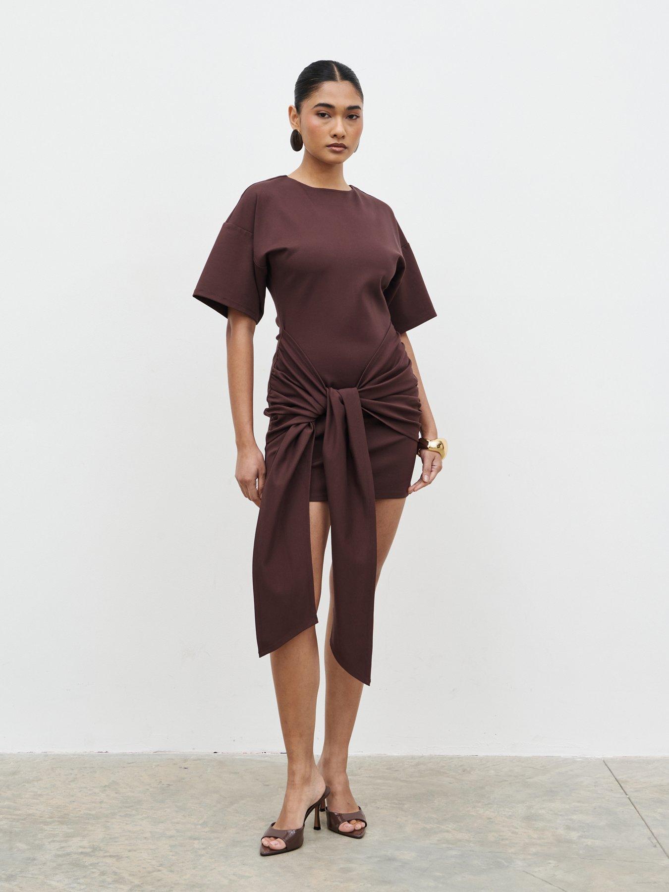Image 4 of 4 of Pretty Lavish Olivia Jersey Knot Mini Dress - Brown
