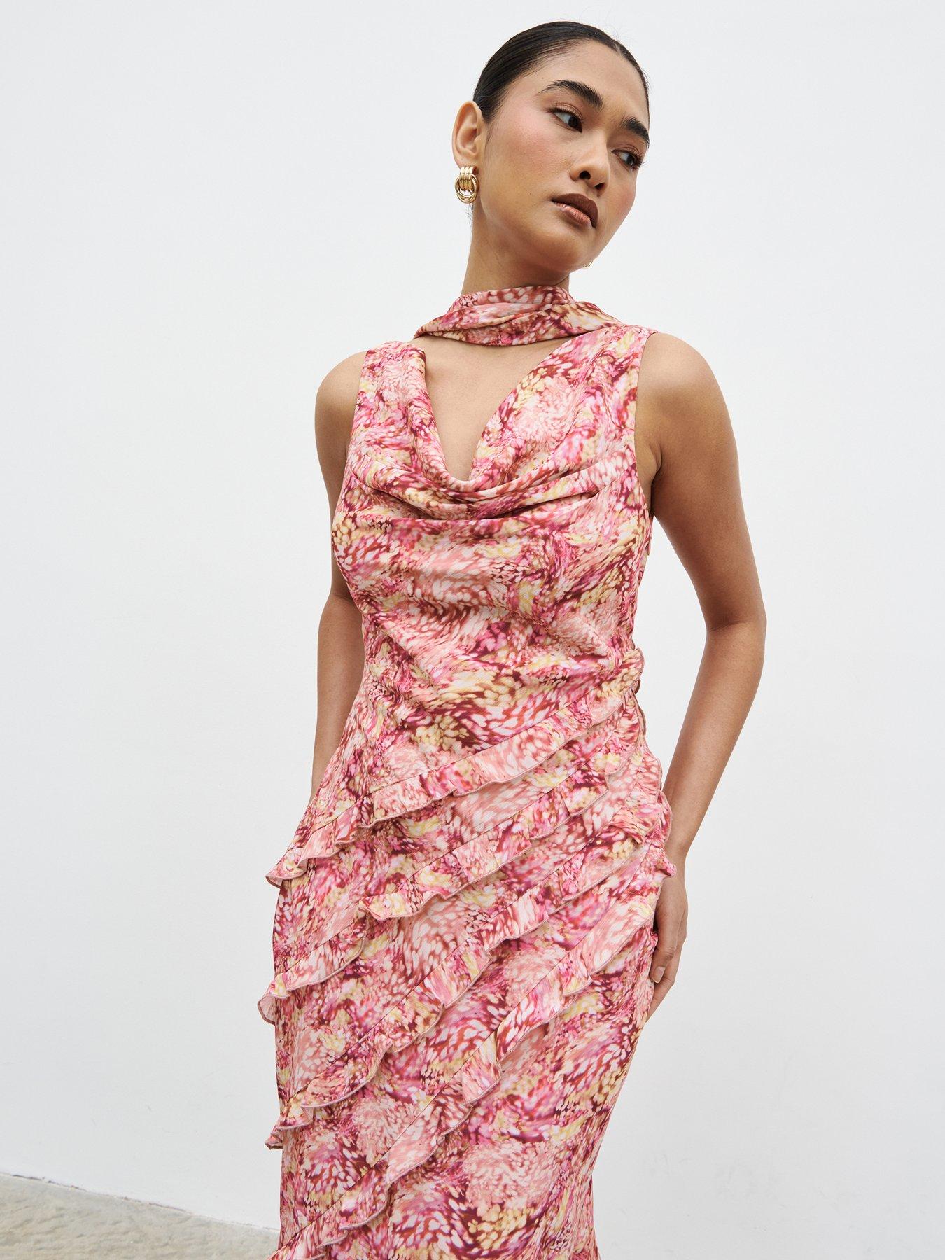 Pretty Lavish Constance Scarf Ruffle Maxi Dress- Berry Multi Abstract