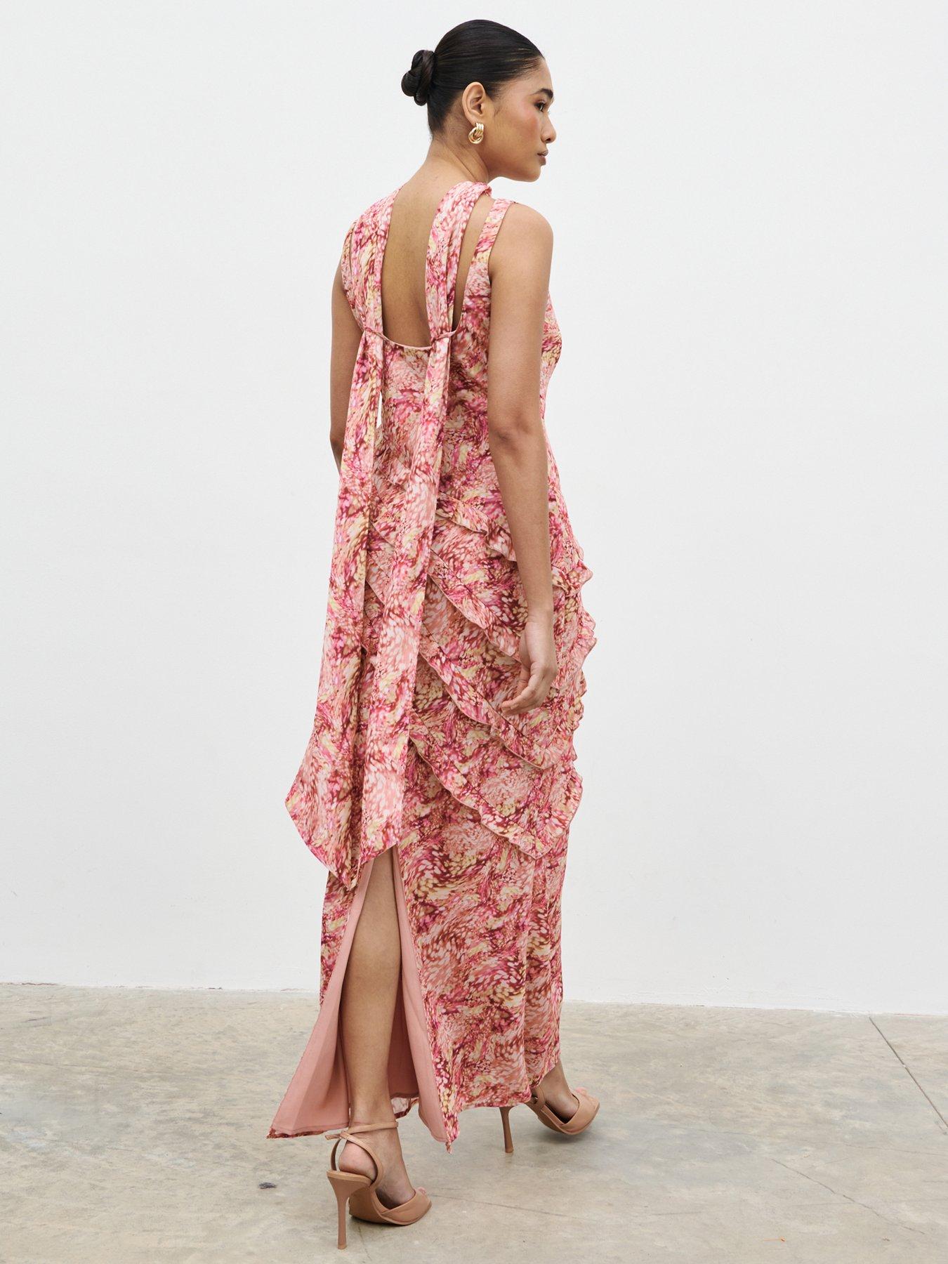Image 2 of 4 of Pretty Lavish Constance Scarf Ruffle Maxi Dress- Berry Multi Abstract