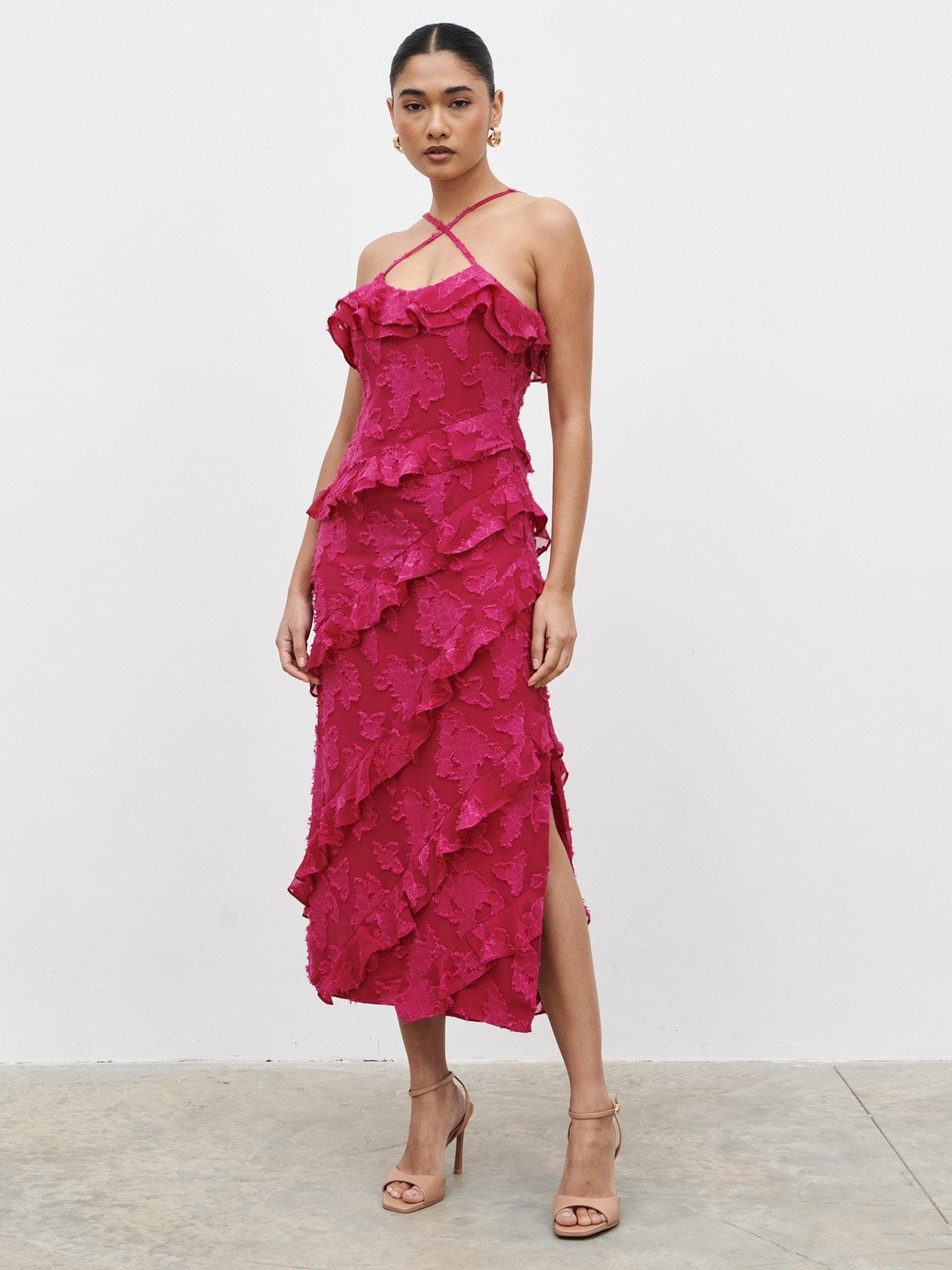 Pretty Lavish Aryana Jacquard Ruffle Midaxi Dress - Berry