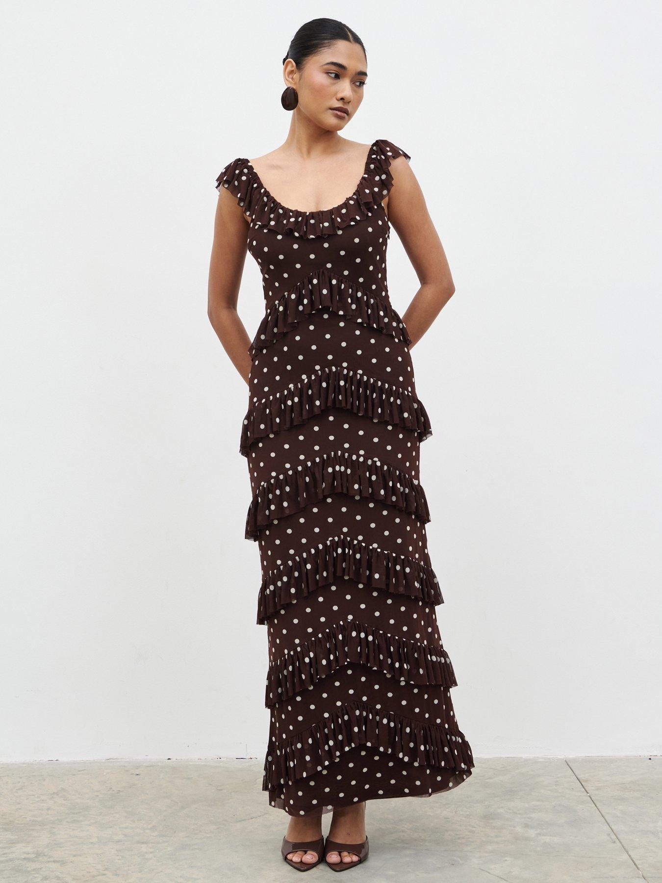 Pretty Lavish Cecile Ruffle Mesh Maxi Dress - Brown/Cream