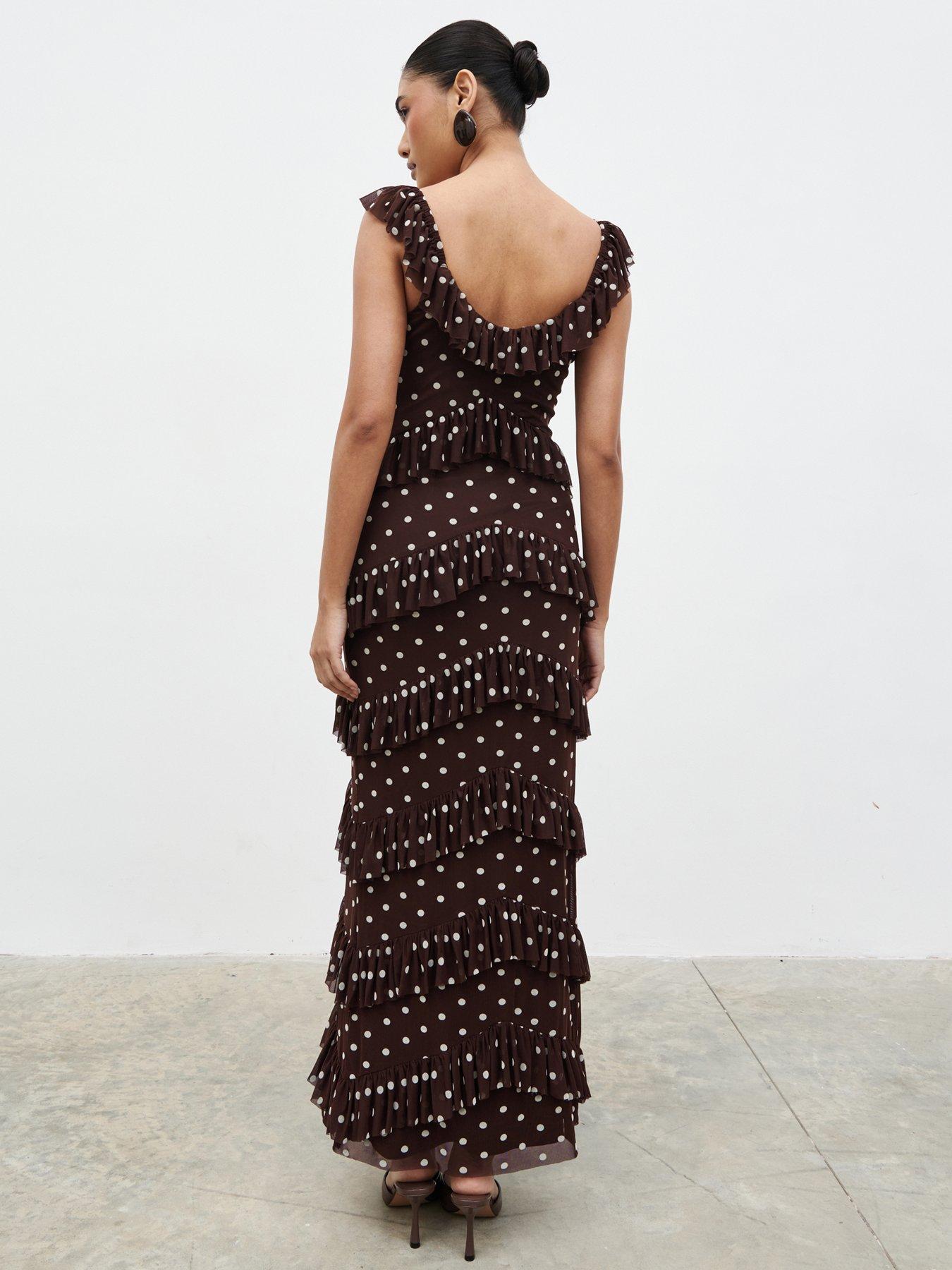 Image 2 of 5 of Pretty Lavish Cecile Ruffle Mesh Maxi Dress - Brown/Cream