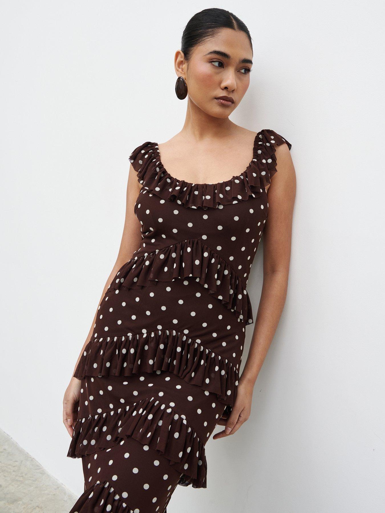 Image 3 of 5 of Pretty Lavish Cecile Ruffle Mesh Maxi Dress - Brown/Cream