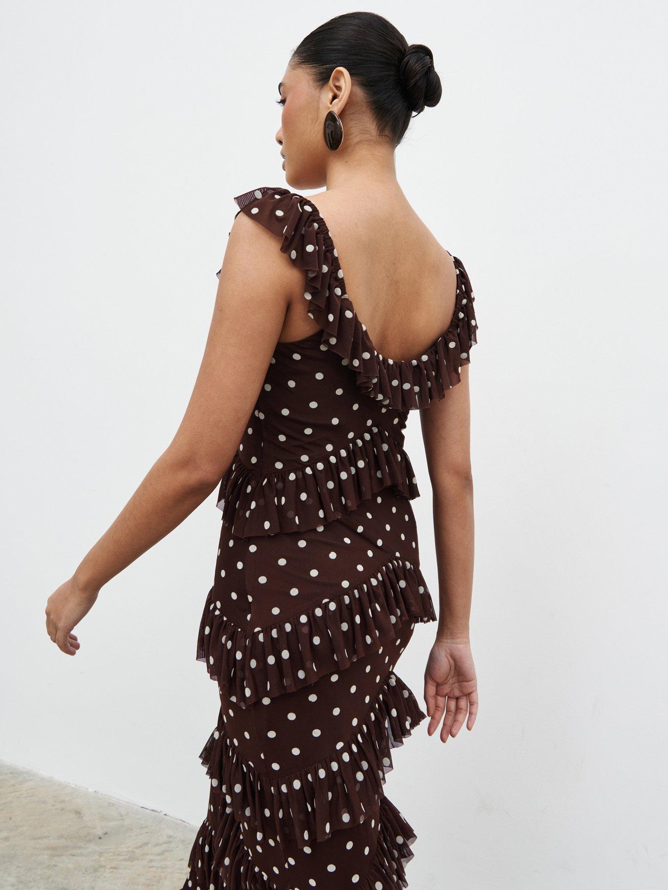 Image 4 of 5 of Pretty Lavish Cecile Ruffle Mesh Maxi Dress - Brown/Cream