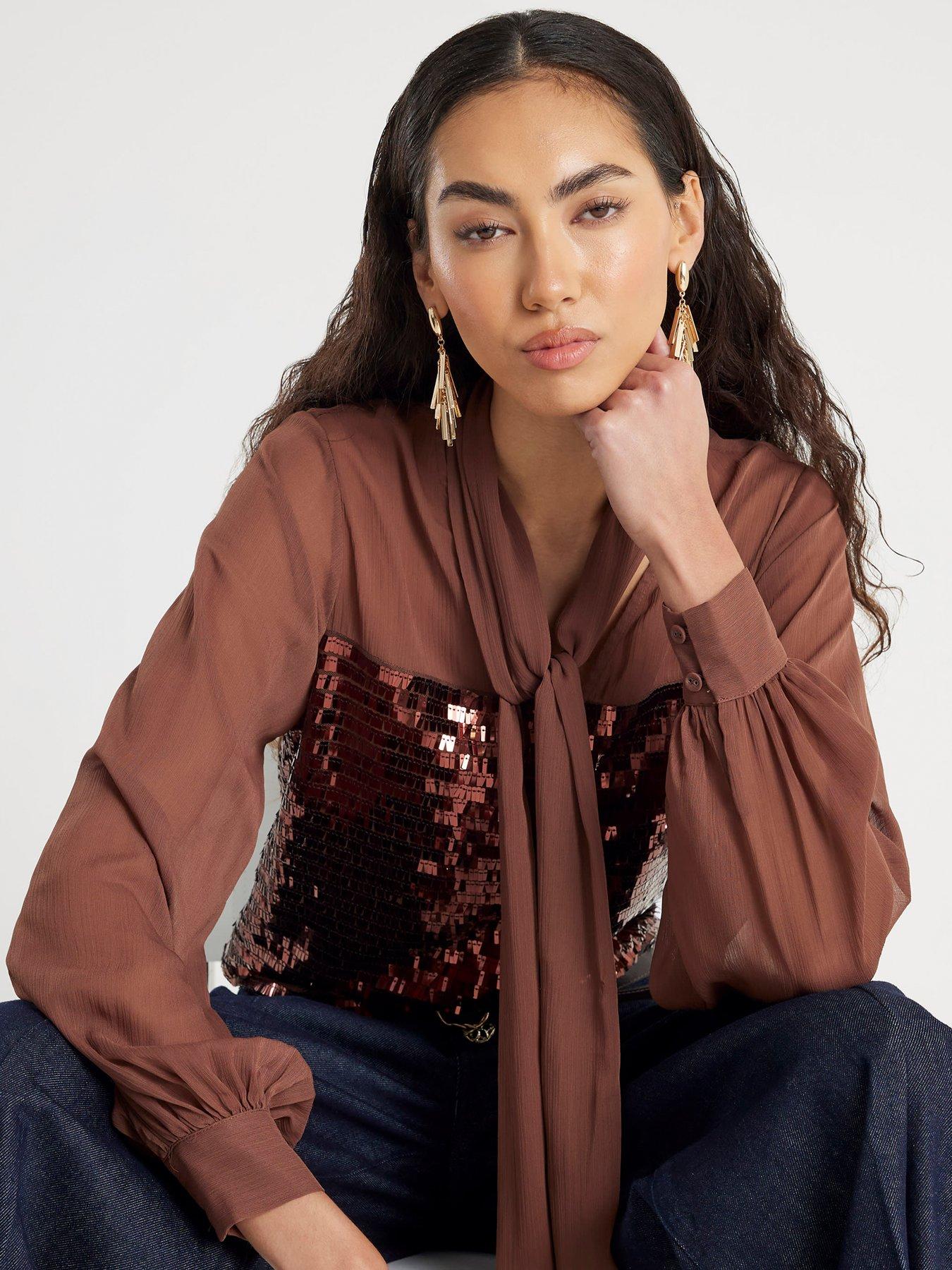 river-island-sequin-mix-pussybow-top-brownfront