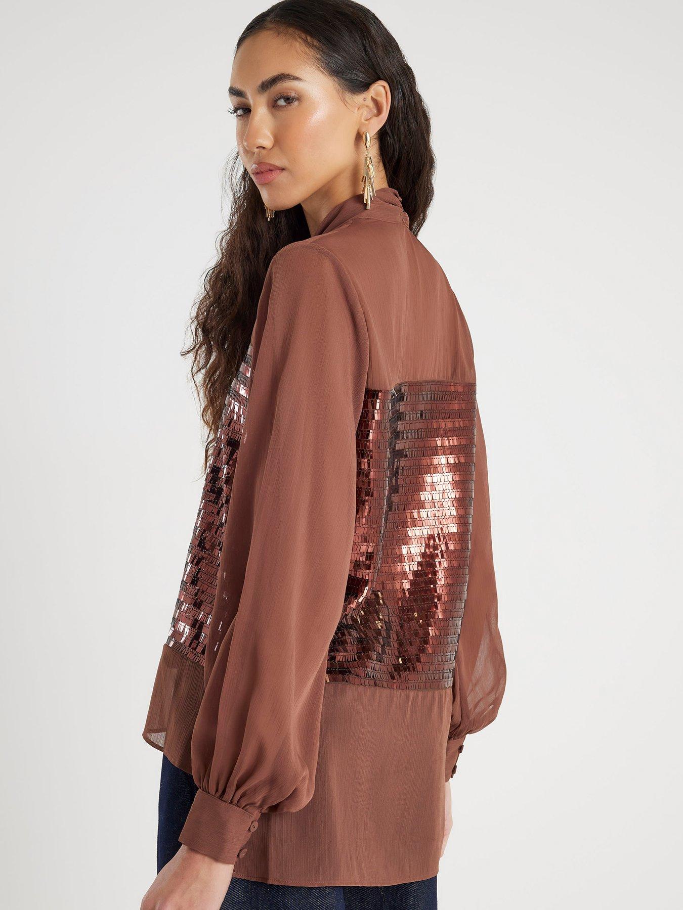 river-island-sequin-mix-pussybow-top-brownstillFront