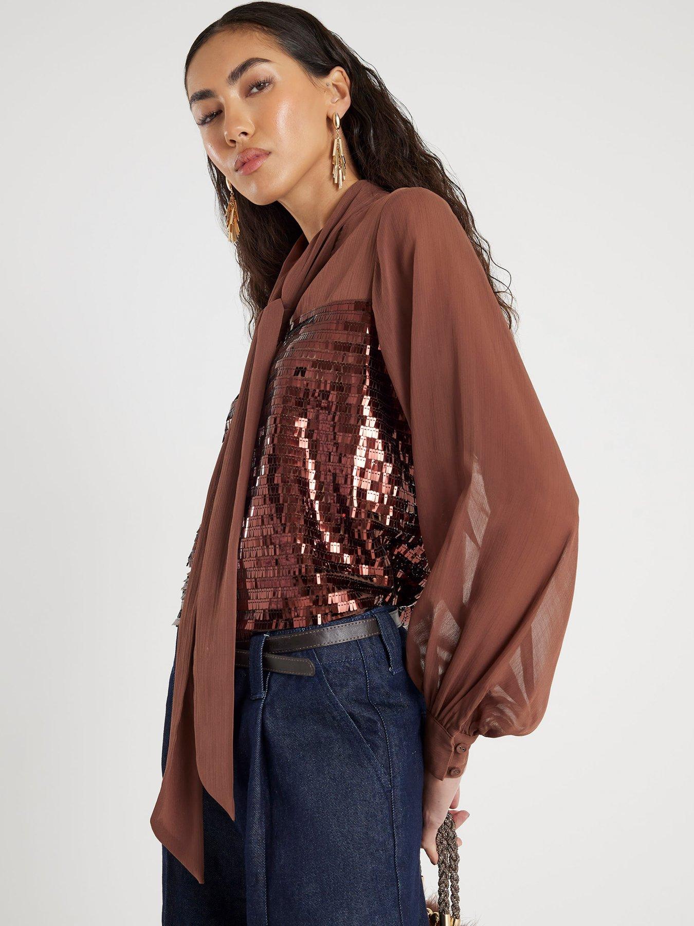 river-island-sequin-mix-pussybow-top-brownoutfit