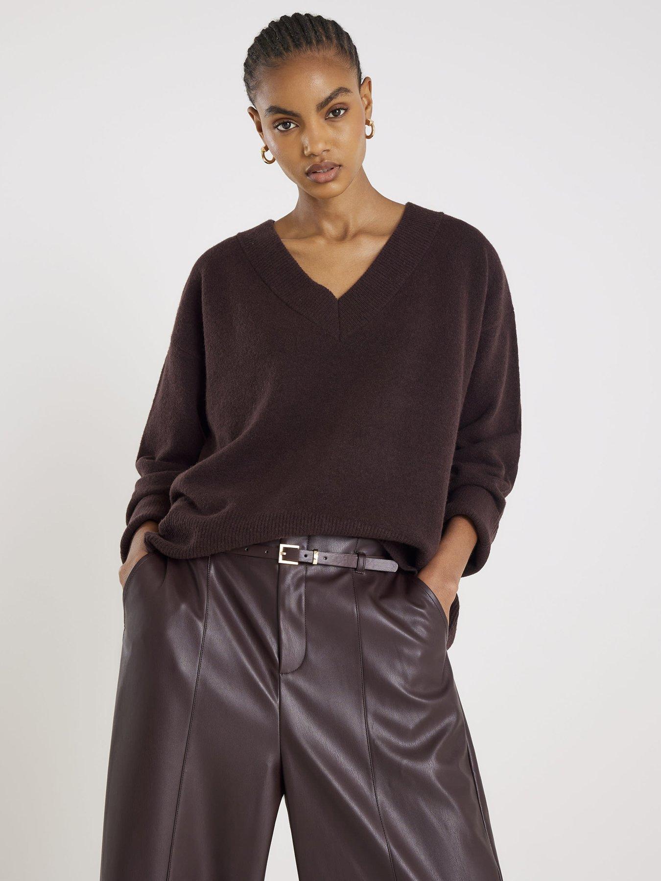 river-island-v-neck-jumper-brownfront