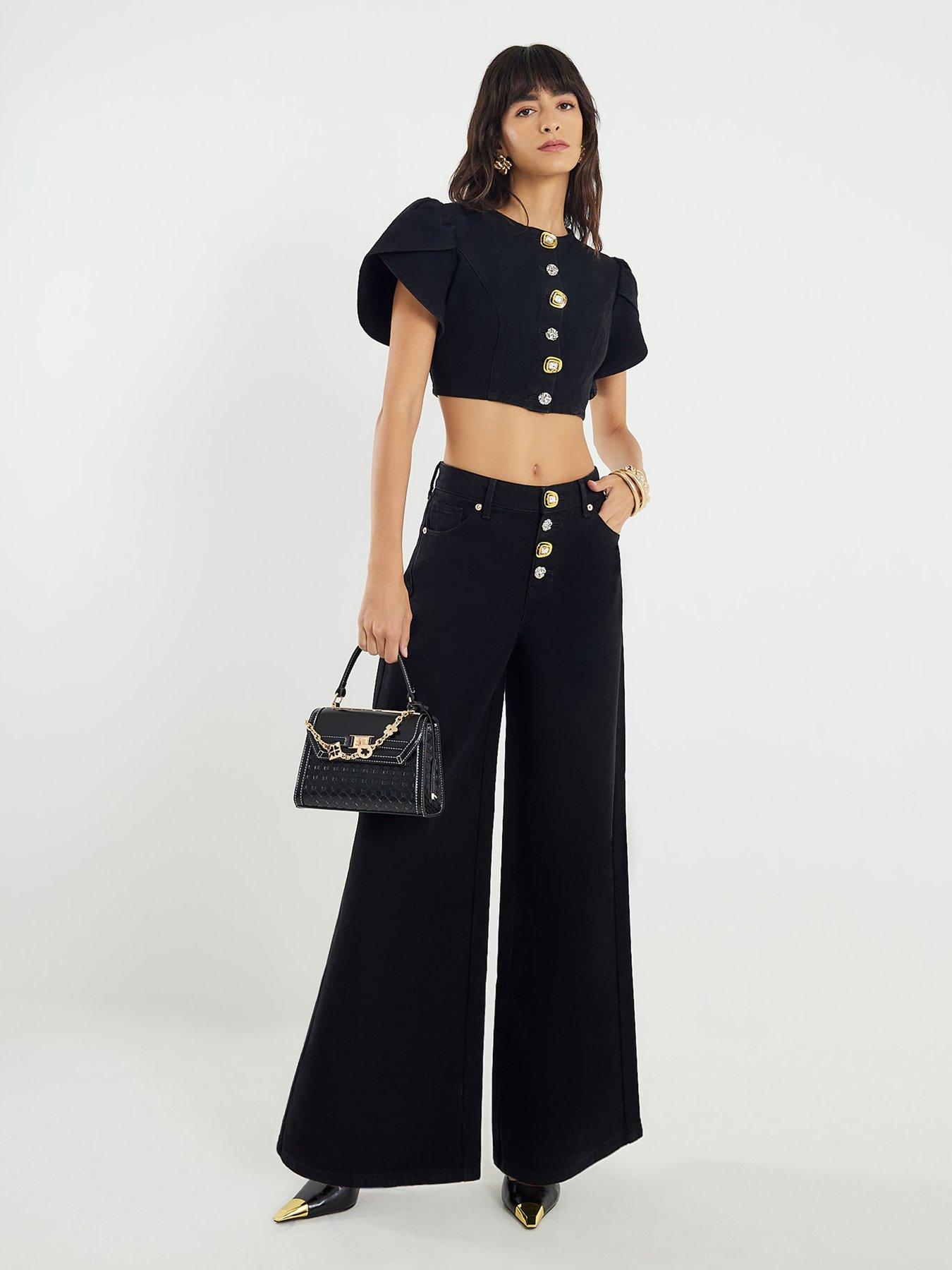 Image 3 of 4 of River Island Stitch Button Front Palazzo Jeans - Black