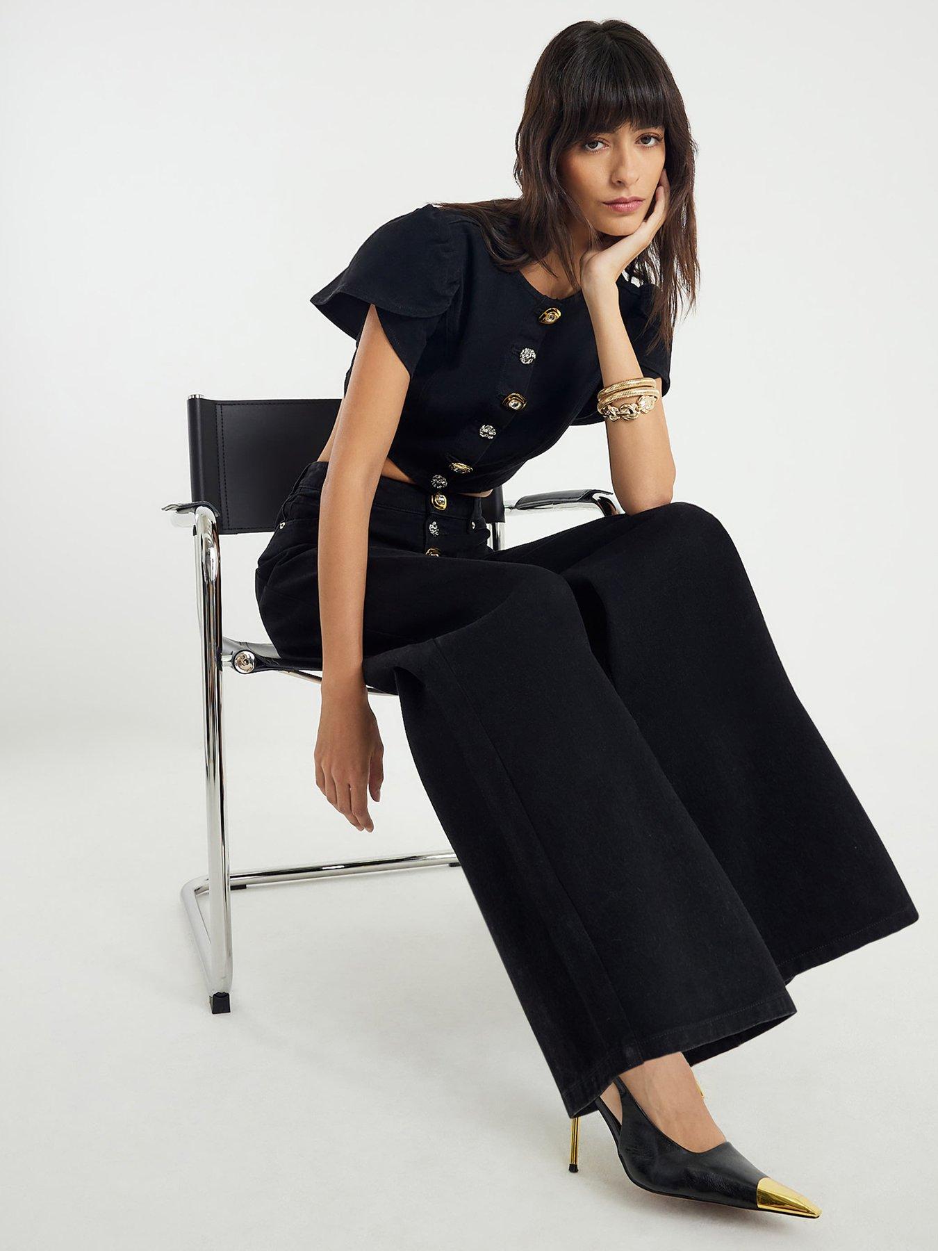 Image 4 of 4 of River Island Stitch Button Front Palazzo Jeans - Black