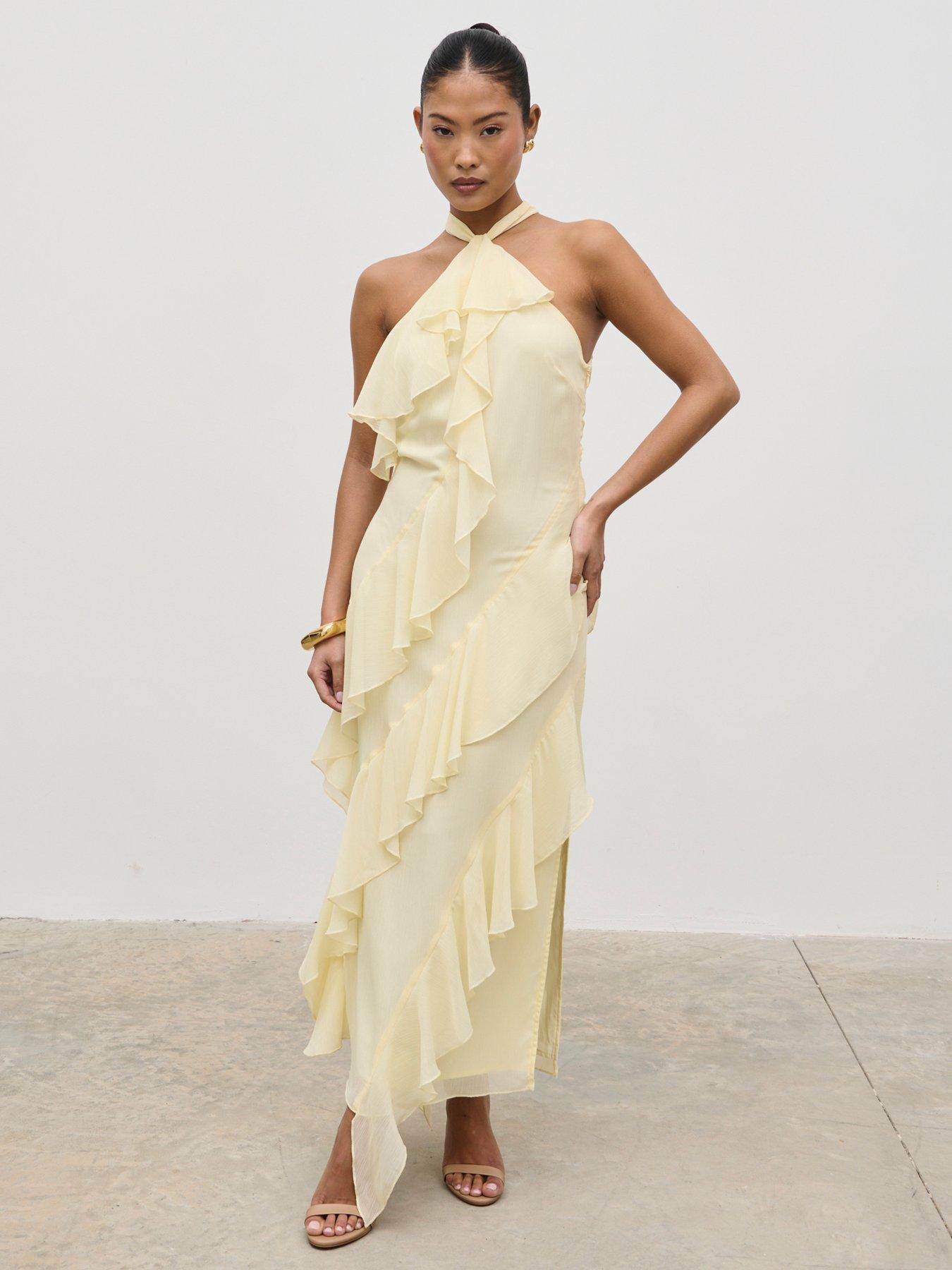 Pretty Lavish Aria Halterneck Ruffle Midaxi Dress - Lemon