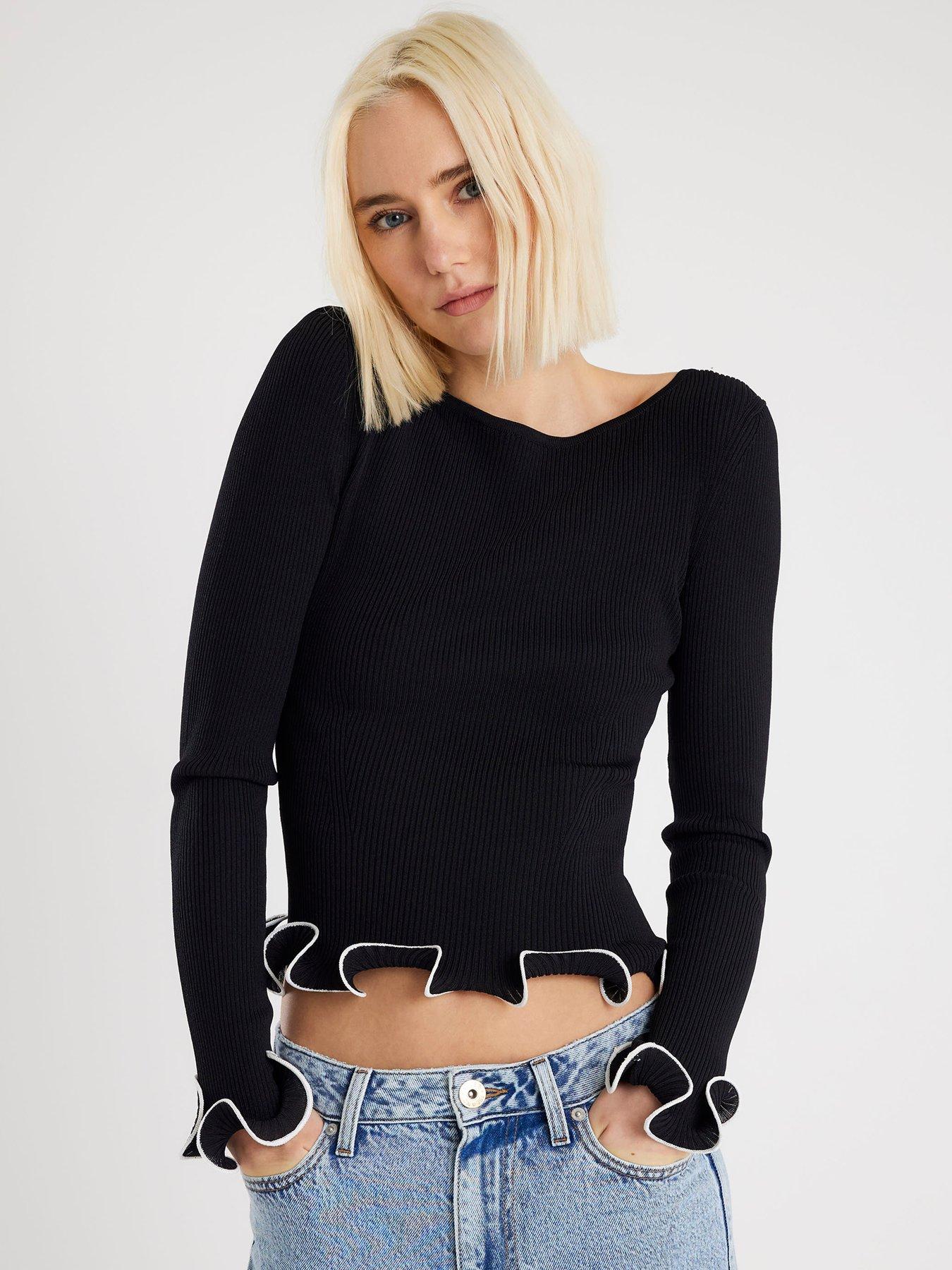 river-island-scallop-detail-long-sleeve-top-black