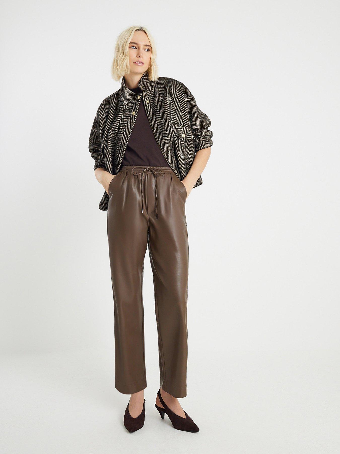 river-island-pu-elasticated-waist-trouser-brown