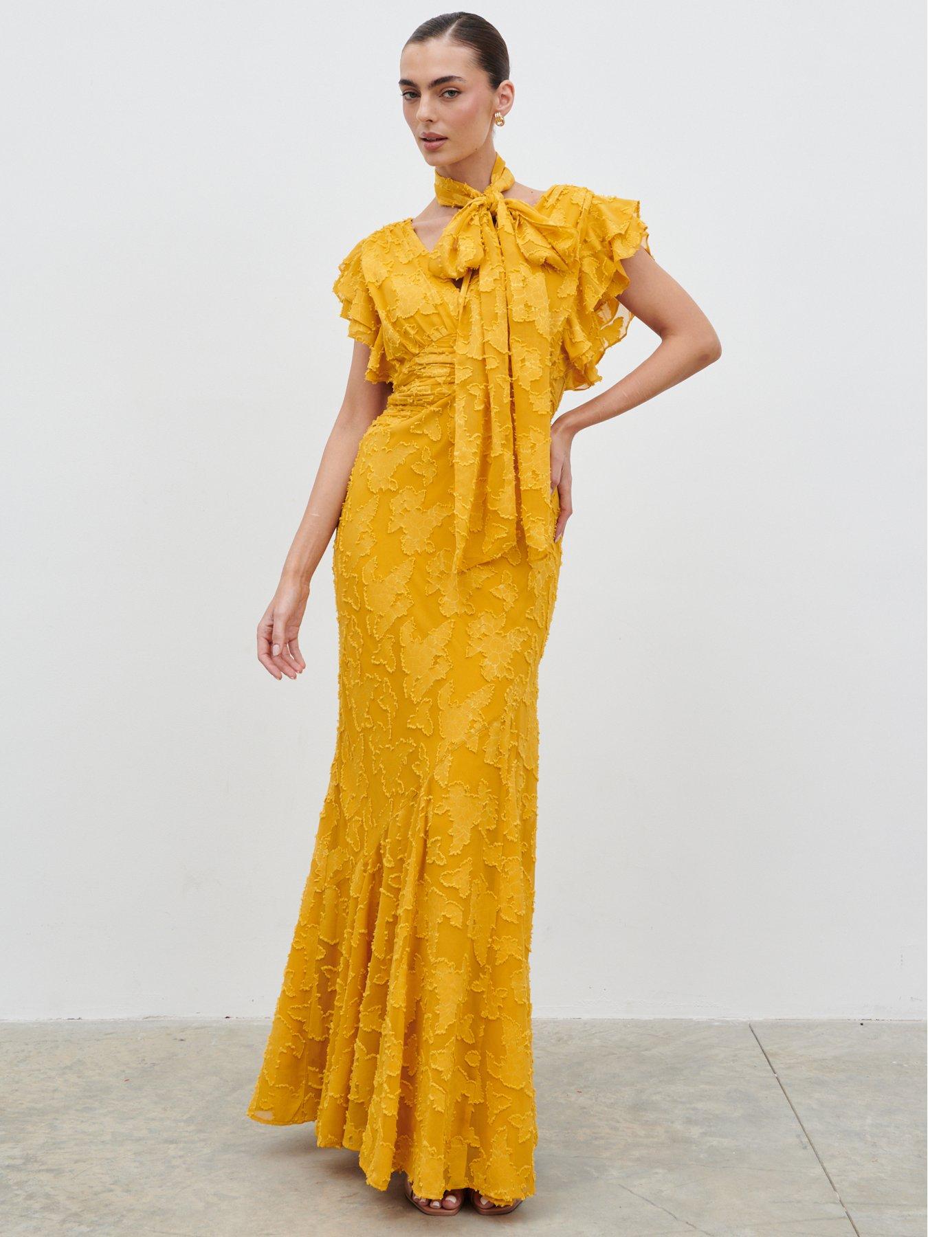 Pretty Lavish Katelynn Frill Jacquard Maxi Dress - Yellow