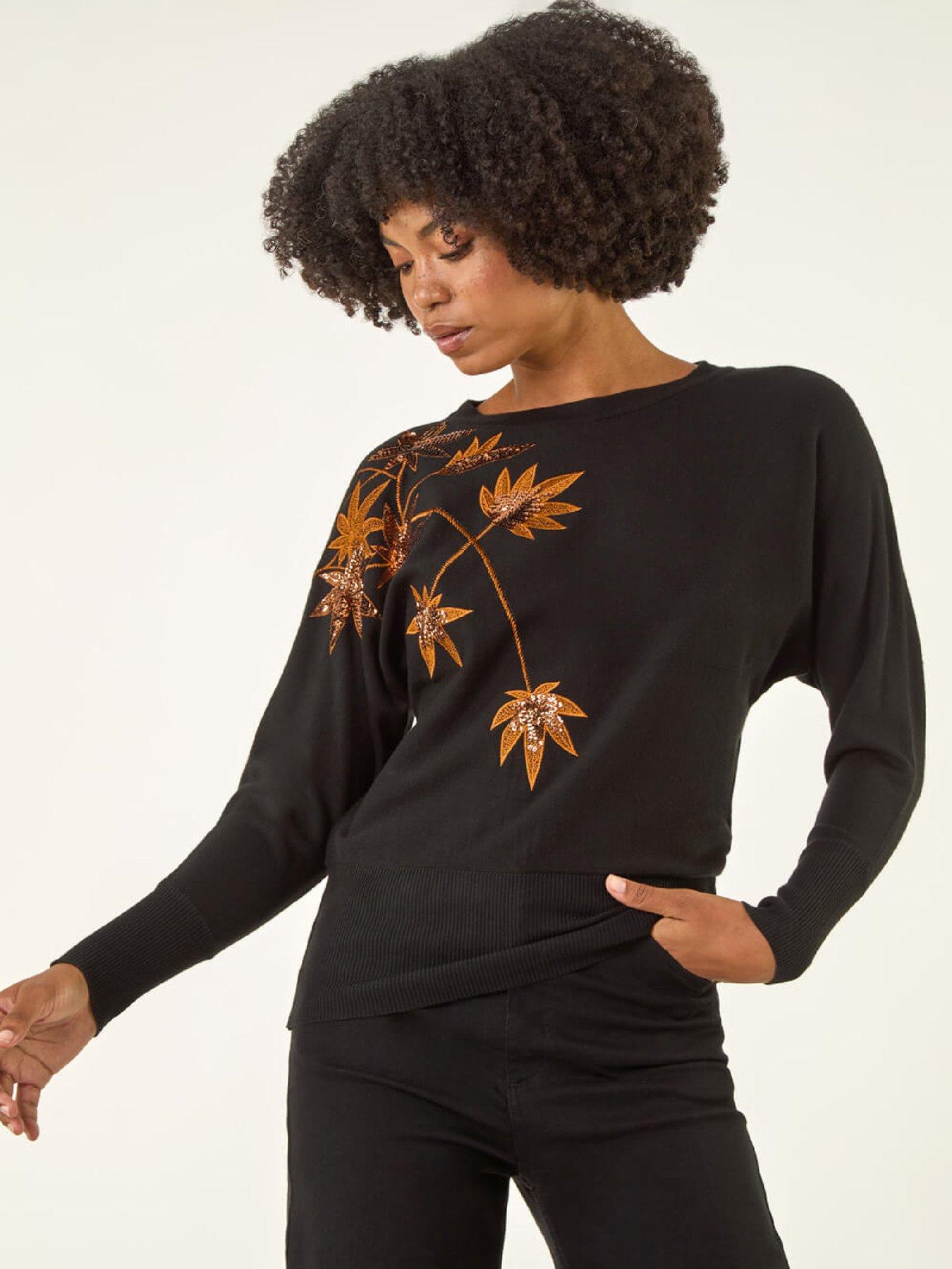 Roman Sequin Floral Embroidered Knit Jumper - Black
