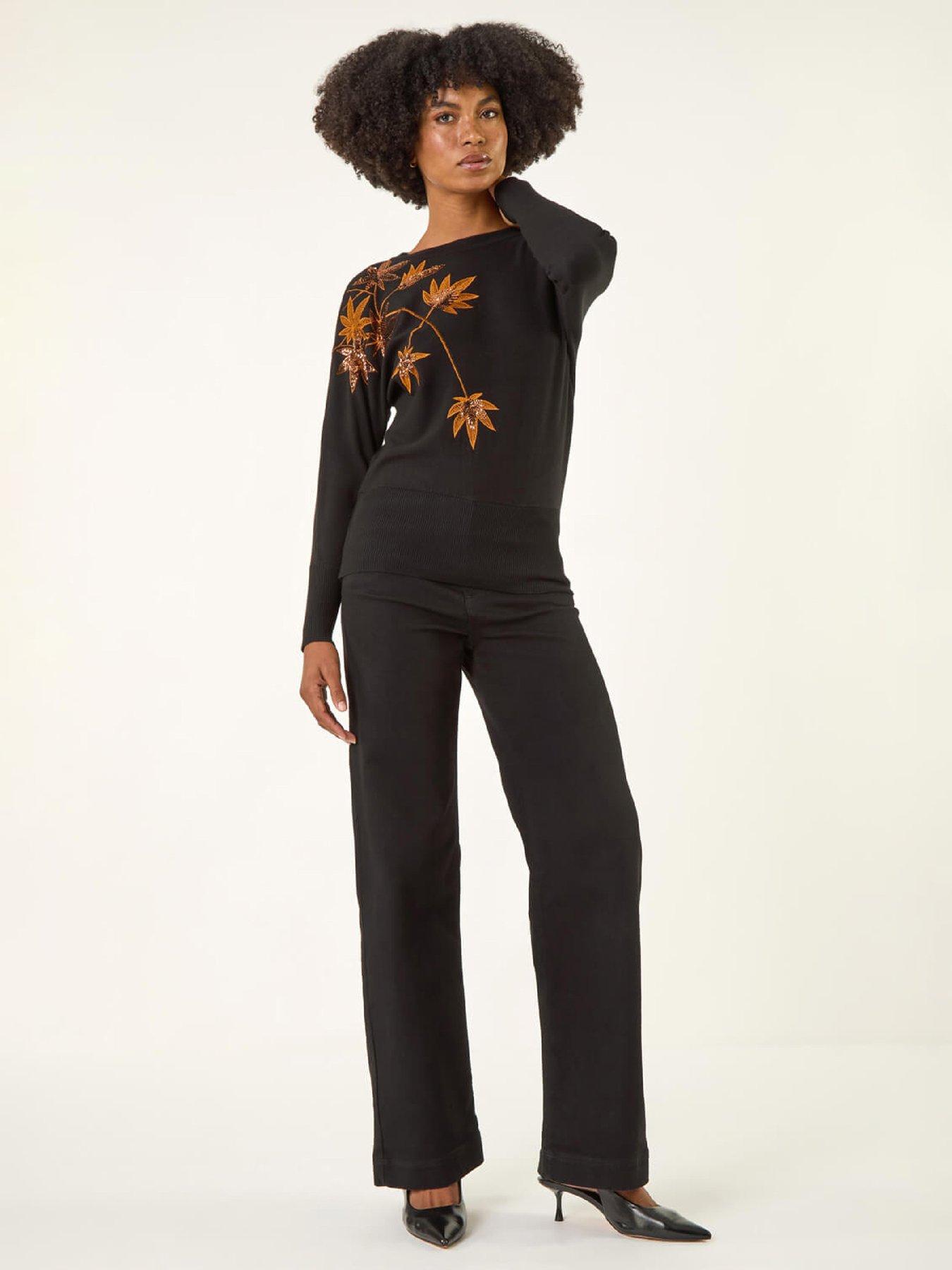 Image 3 of 5 of Roman Sequin Floral Embroidered Knit Jumper - Black