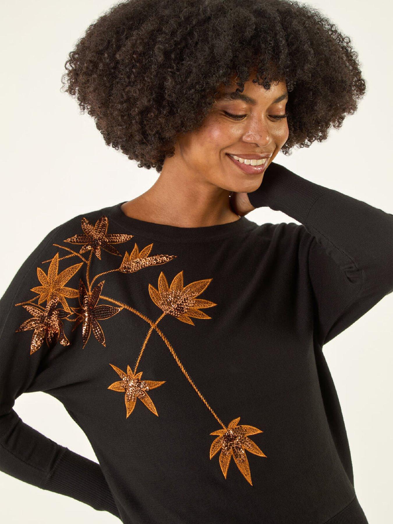 Image 4 of 5 of Roman Sequin Floral Embroidered Knit Jumper - Black