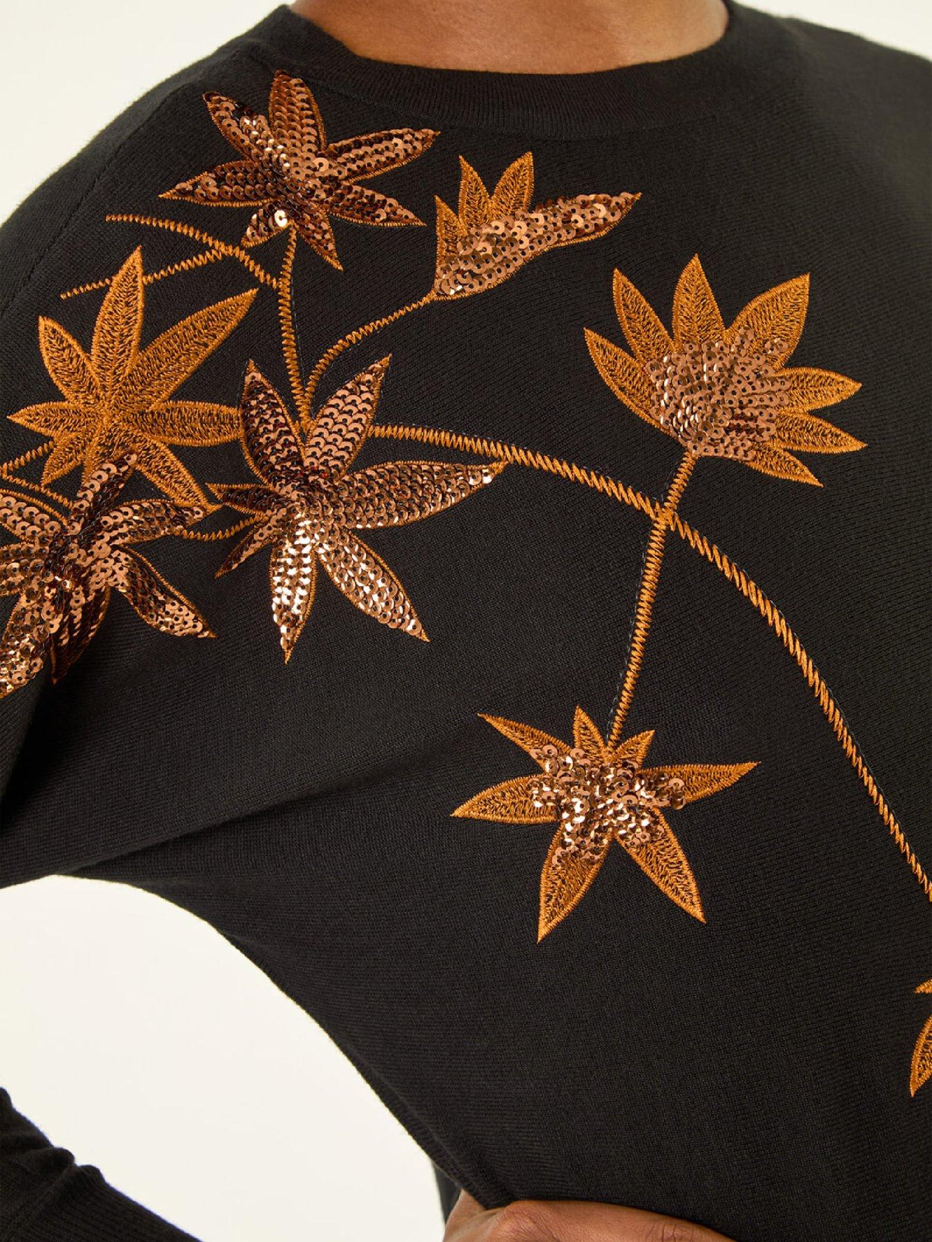 Image 5 of 5 of Roman Sequin Floral Embroidered Knit Jumper - Black