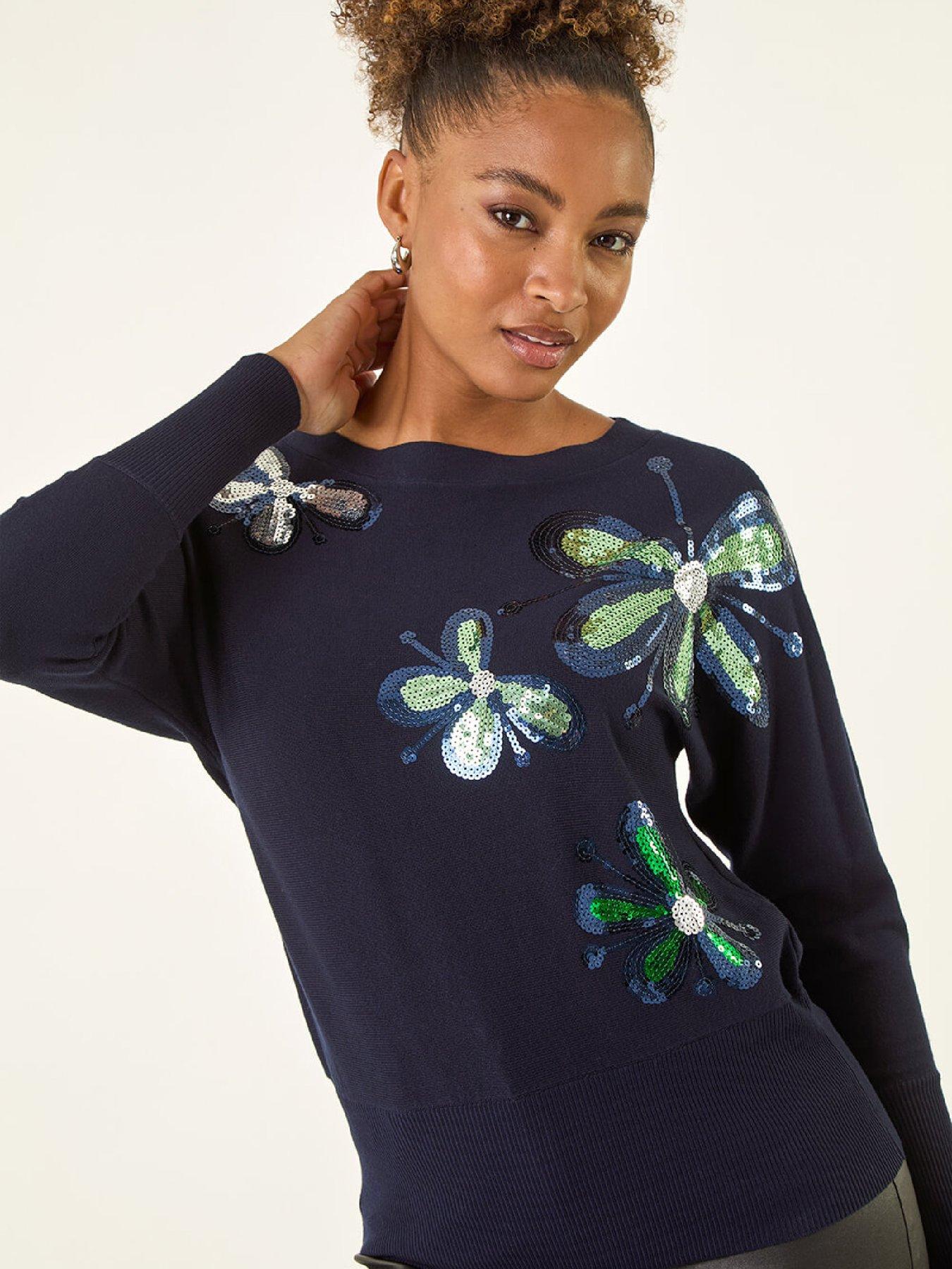 Roman Sequin Floral Knit Jumper - Navy