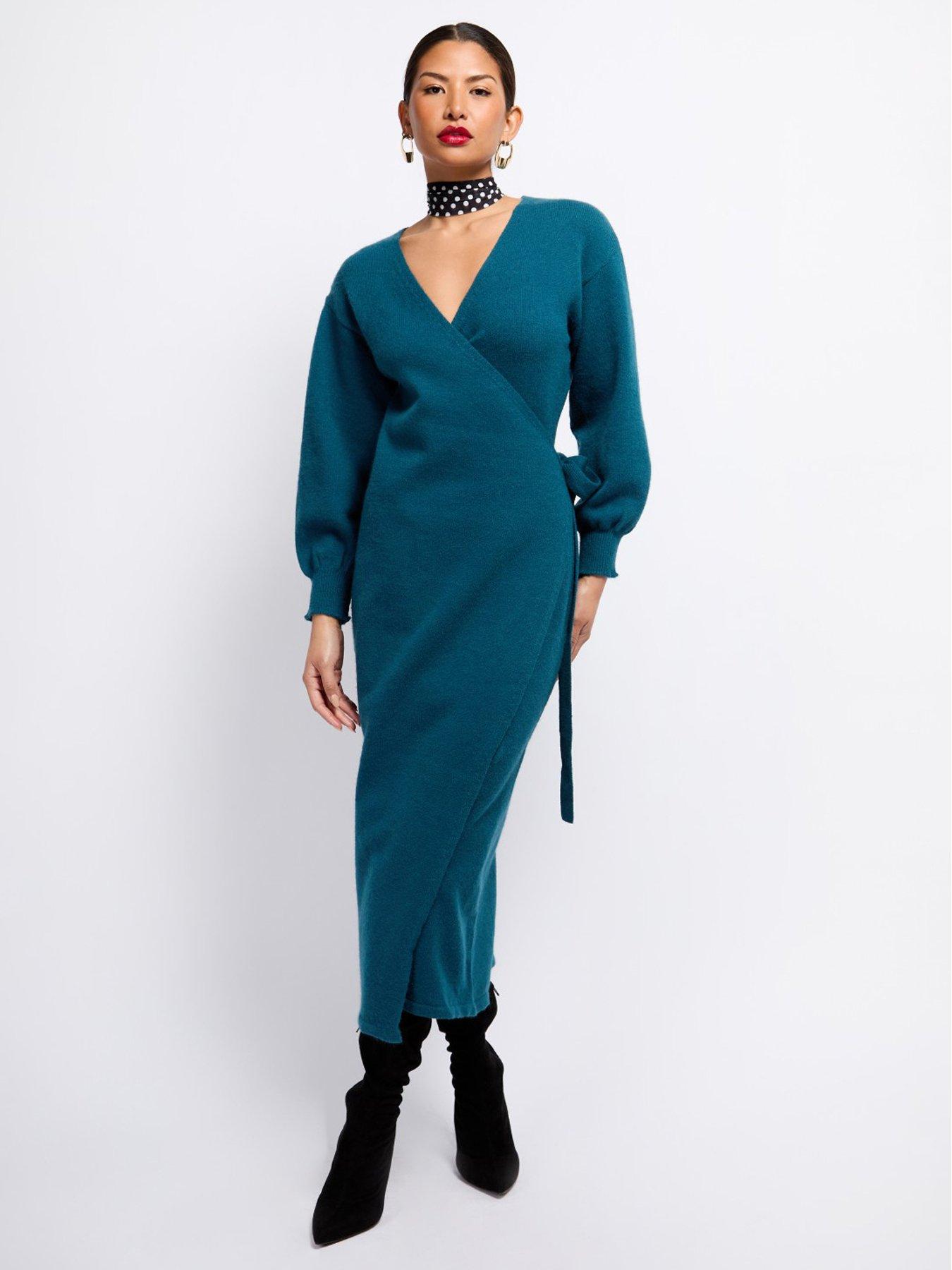 Little Mistress Knit Midaxi Wrap Dress - Petrol Blue