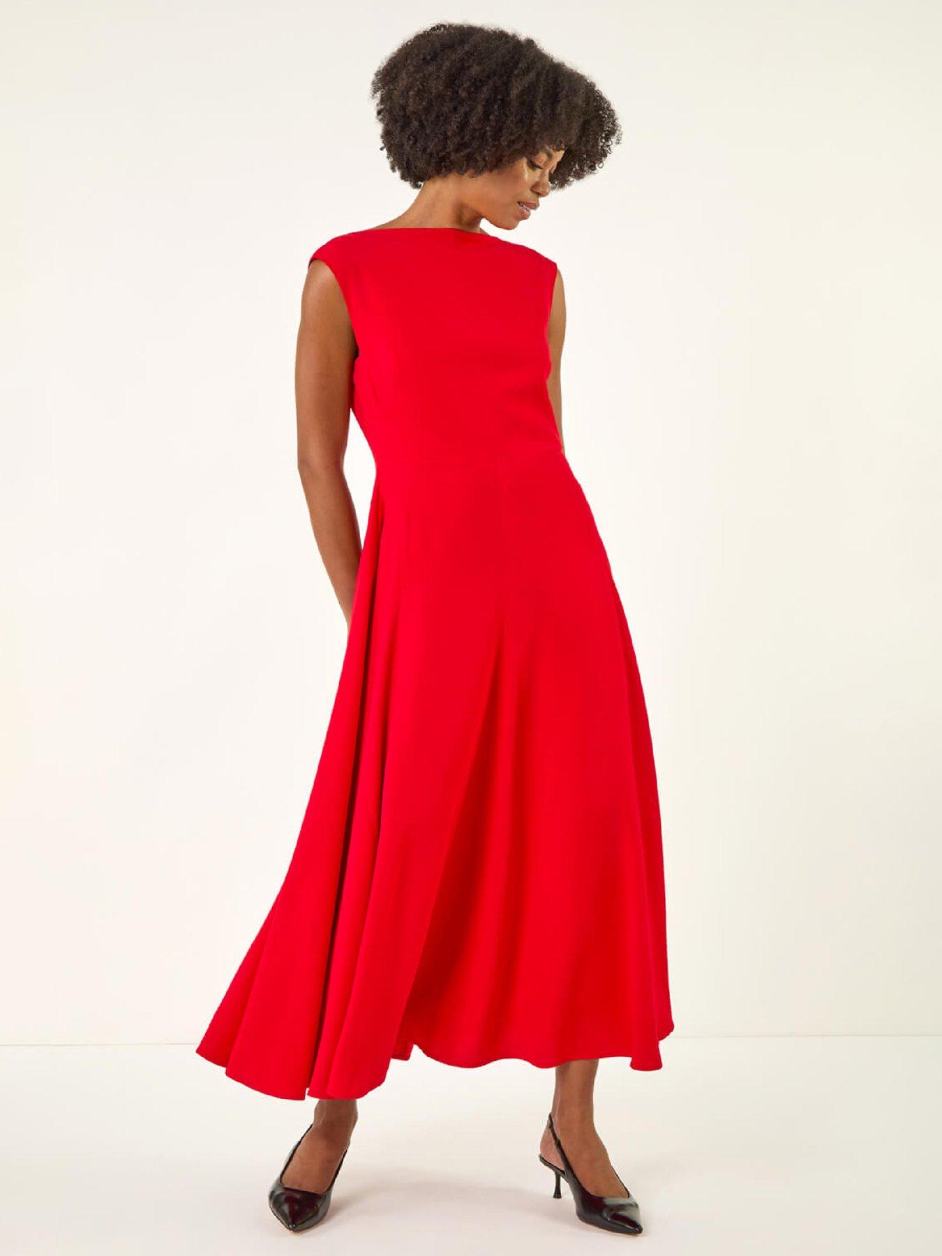 Roman High Neck Pleated Midi Dress - Red