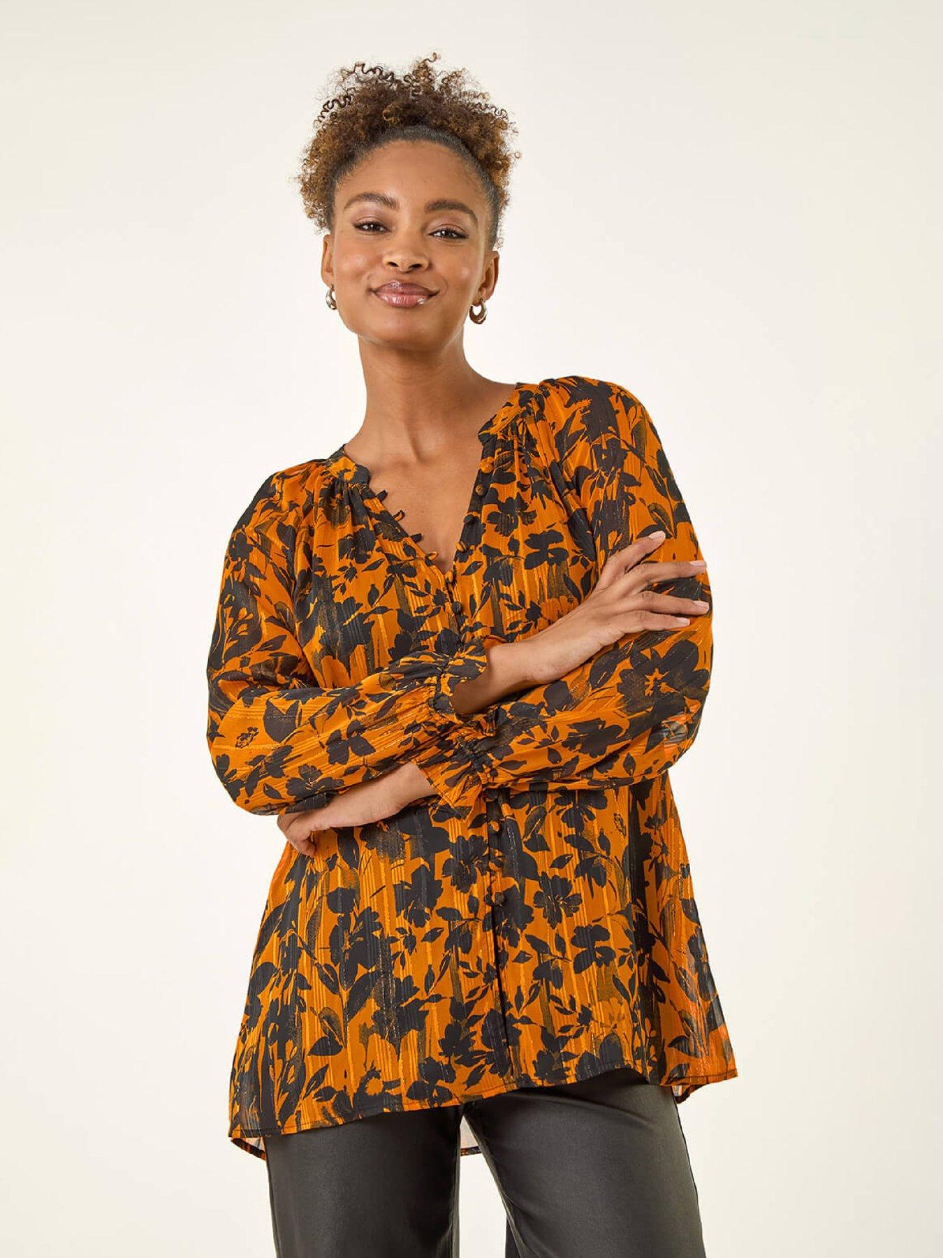 roman-metallic-floral-buttoned-blouse-orangefront