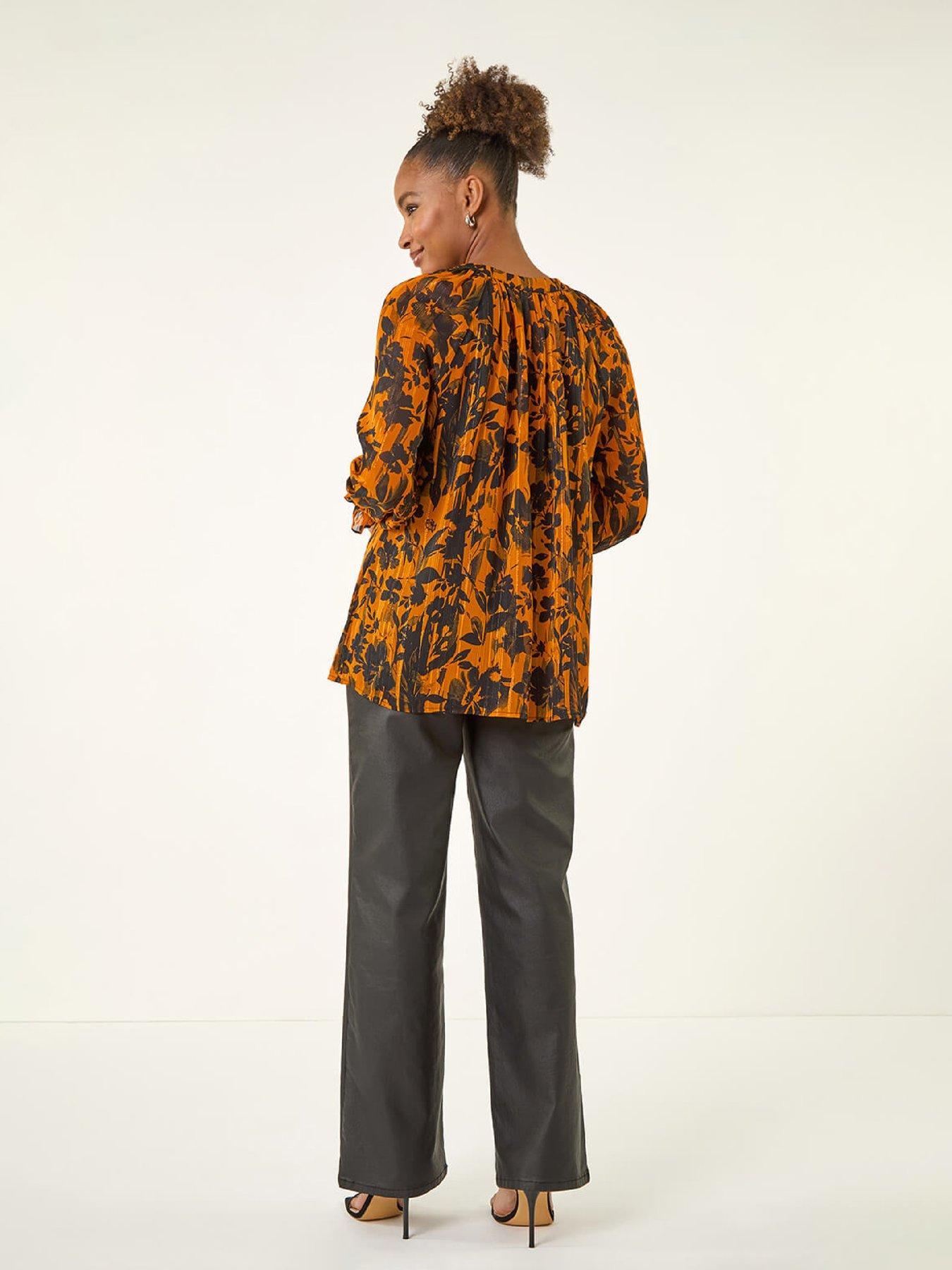 roman-metallic-floral-buttoned-blouse-orangestillFront