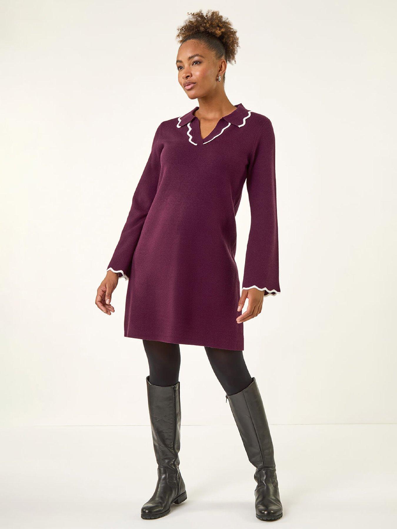 Roman Scalloped Edge Knit Dress - Plum