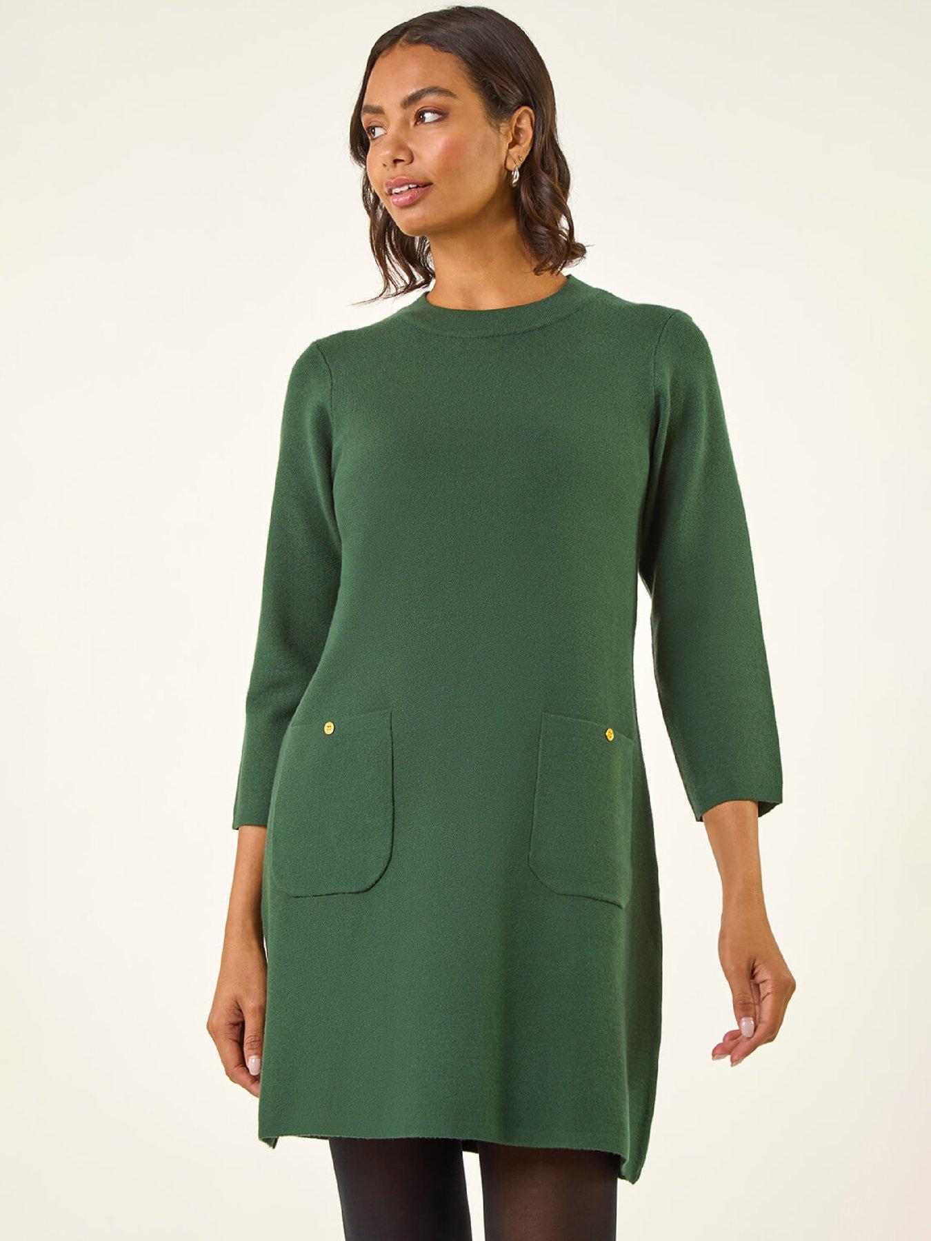 Roman Patch Pocket Knit Dress - Dark Green