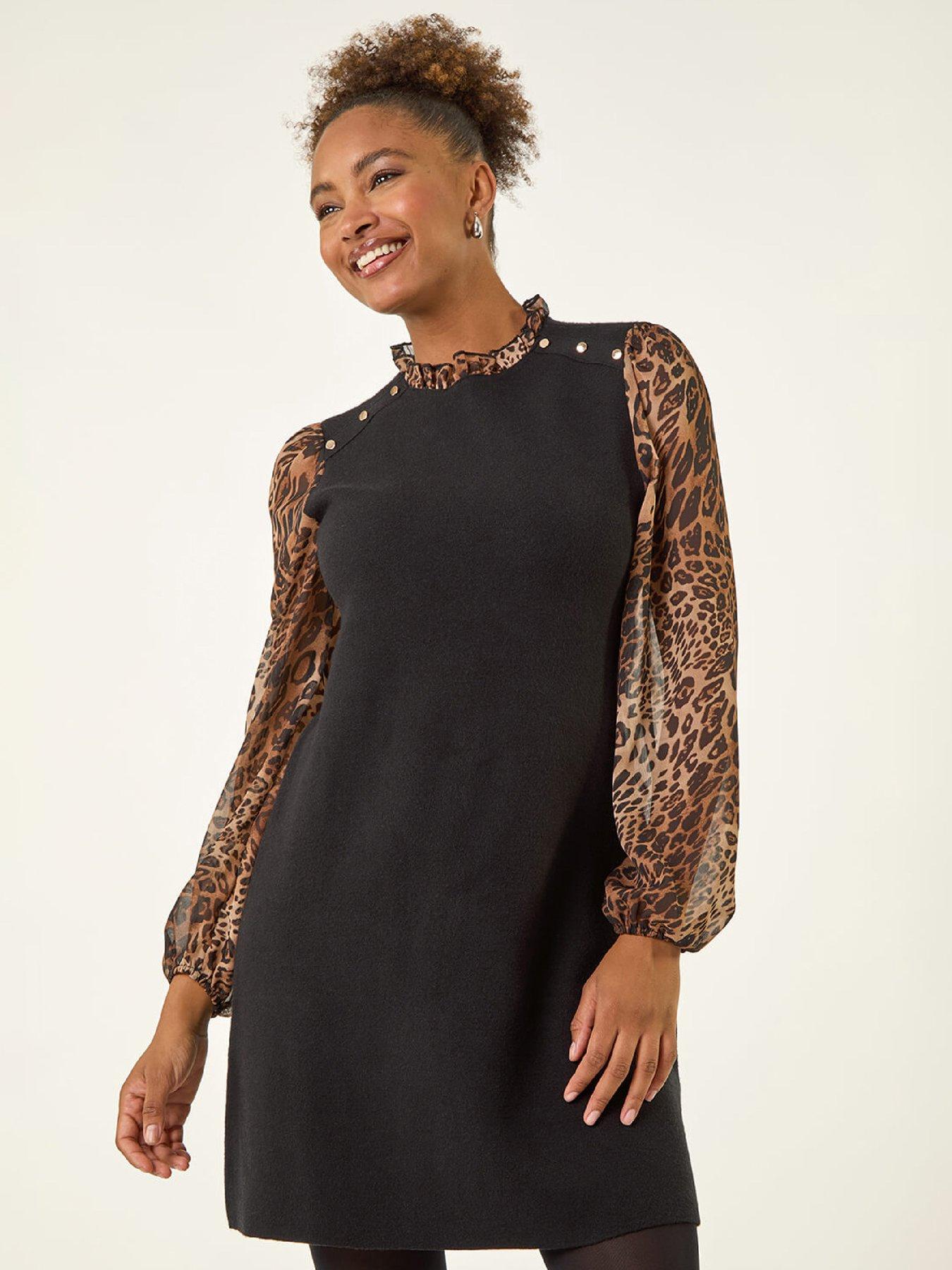 roman-animal-print-frill-knitted-dress-tan