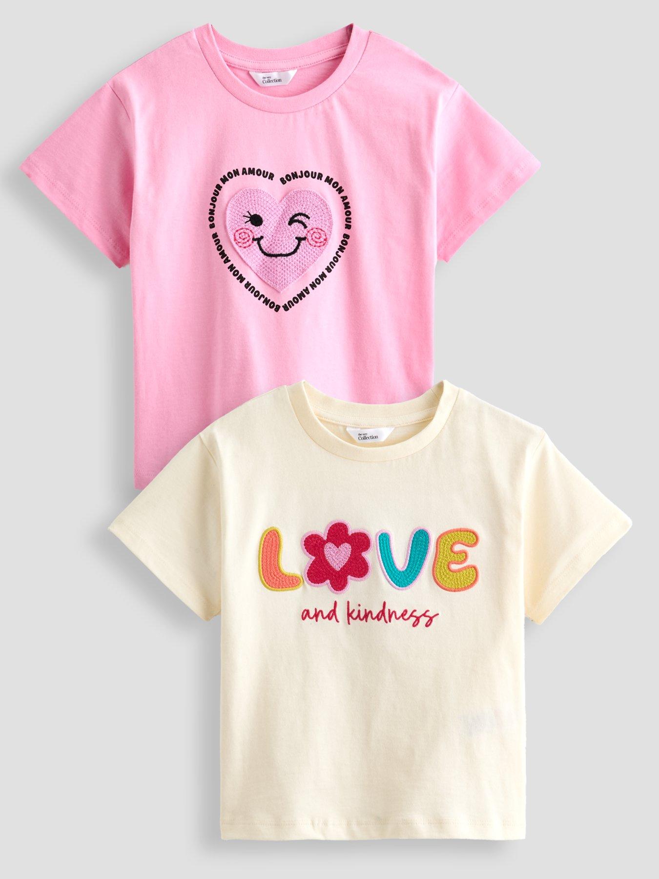 The Very Collection Girls 2 Pack Crochet Trim Heart T-shirts - Multi