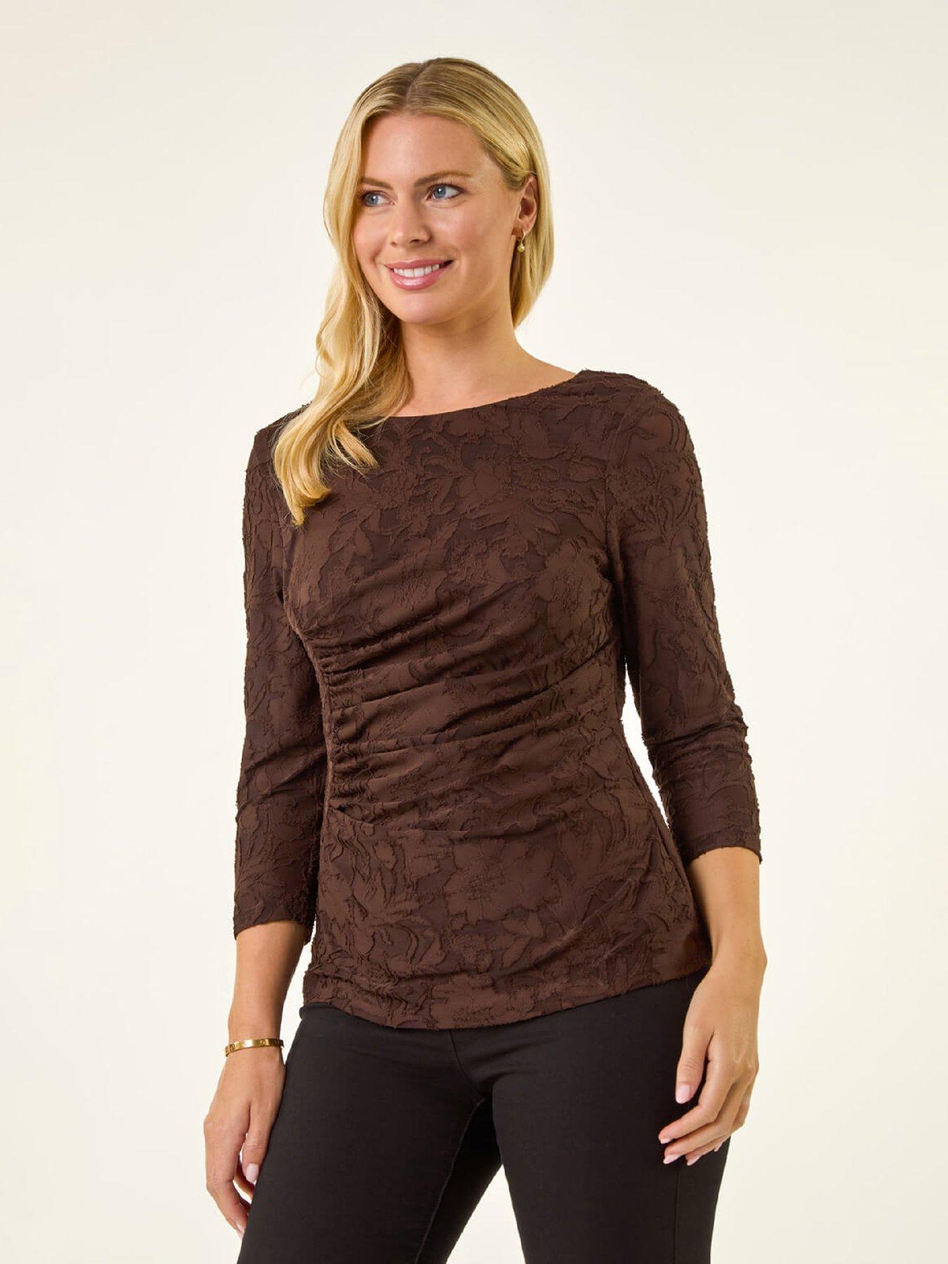 roman-petite-ruched-side-jacquard-top-chocolate