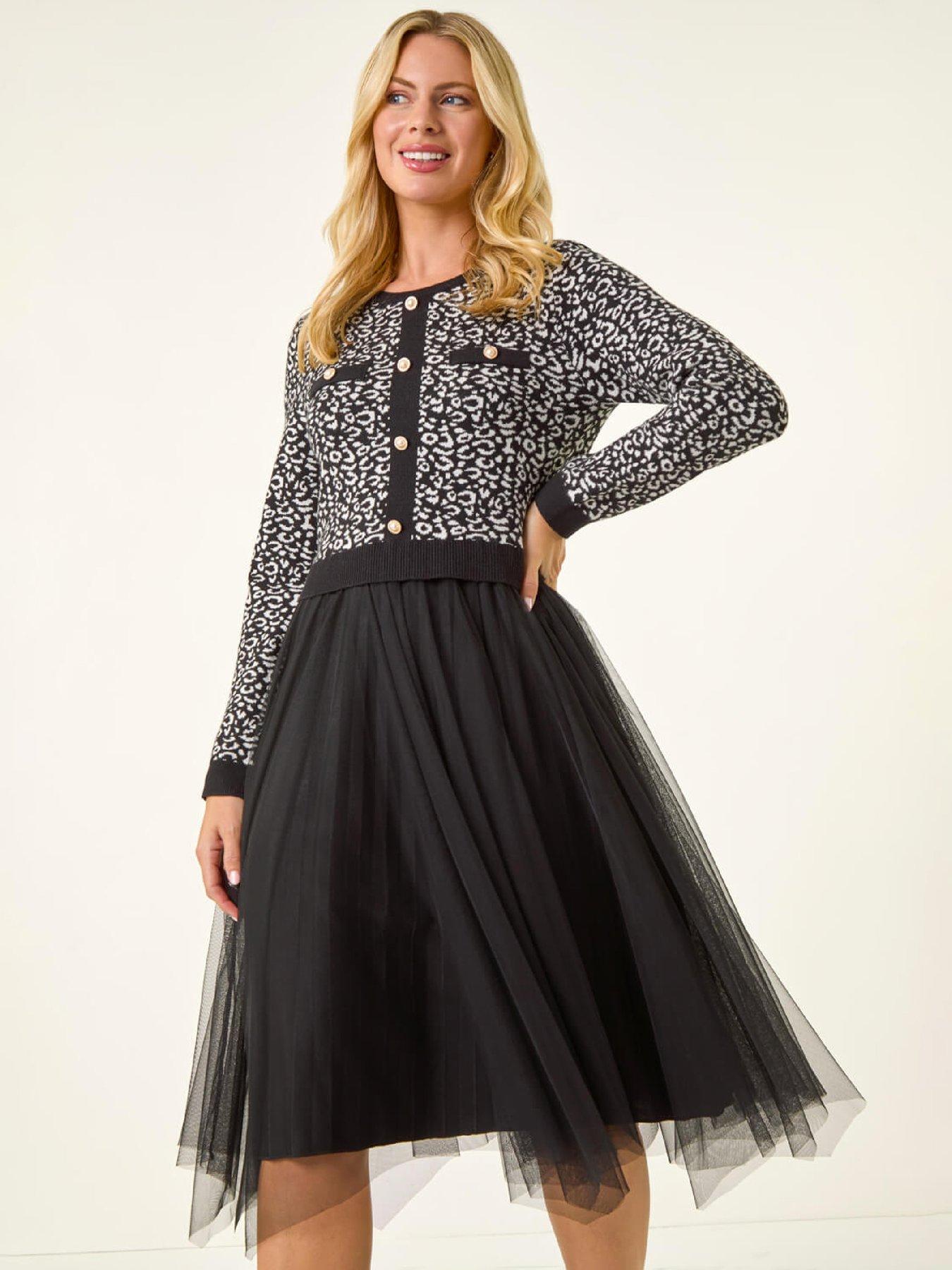 Image 3 of 5 of Roman Petite Animal Knitted Mesh Dress - Black