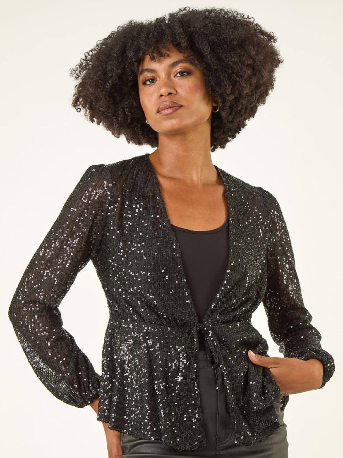 roman-sequin-tie-front-stretch-top-black