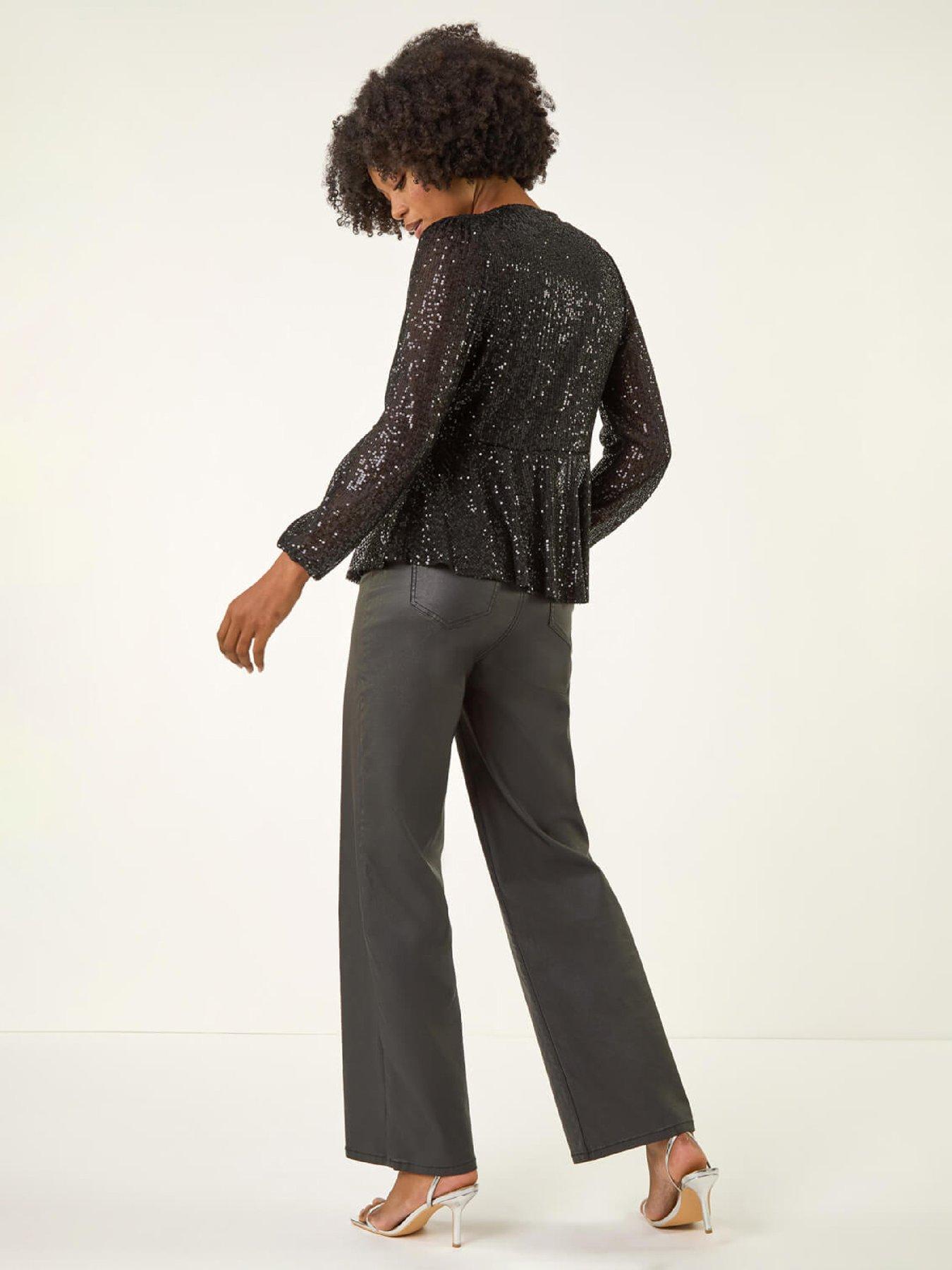 Image 2 of 5 of Roman Sequin Tie Front Stretch Top - Black