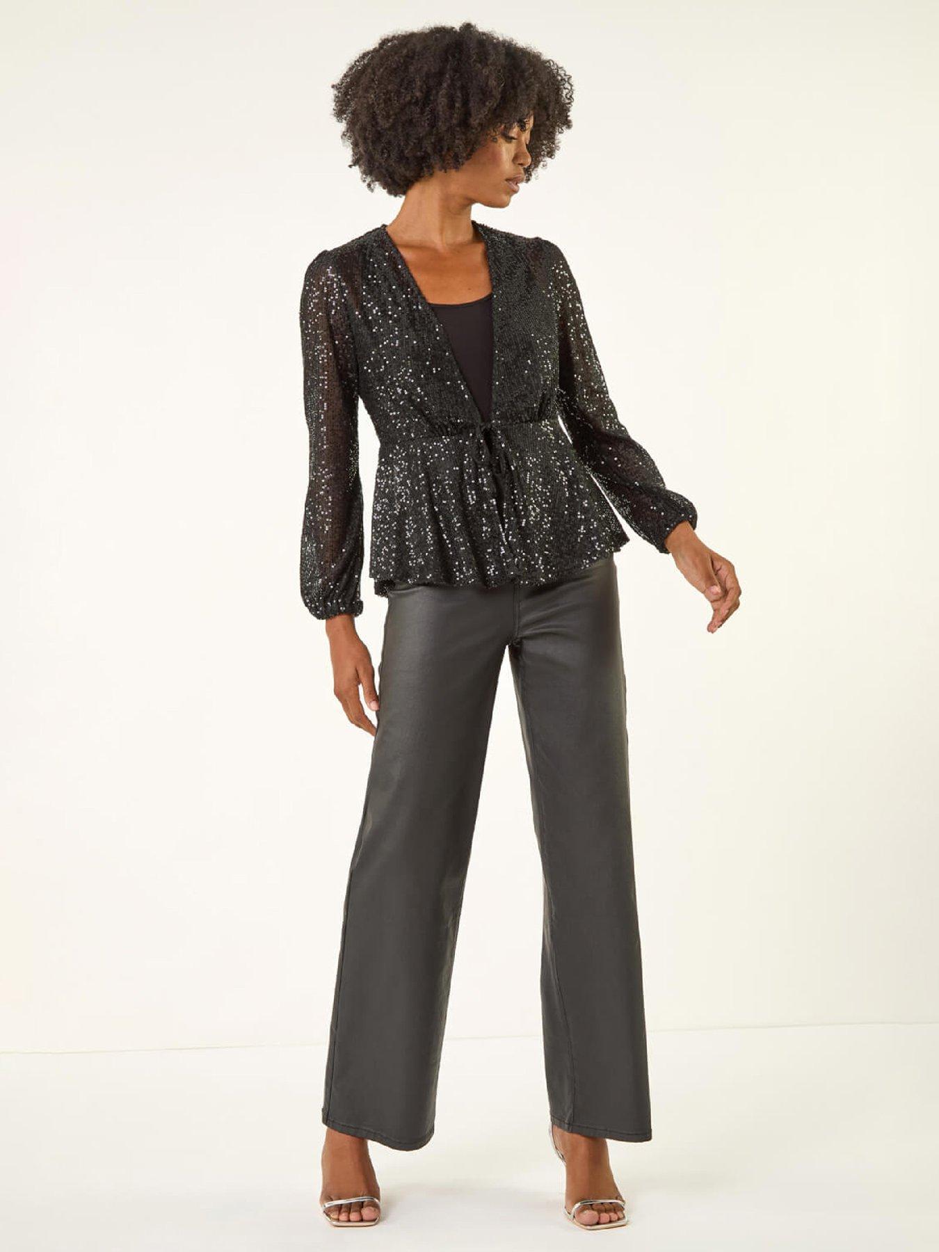 Image 3 of 5 of Roman Sequin Tie Front Stretch Top - Black