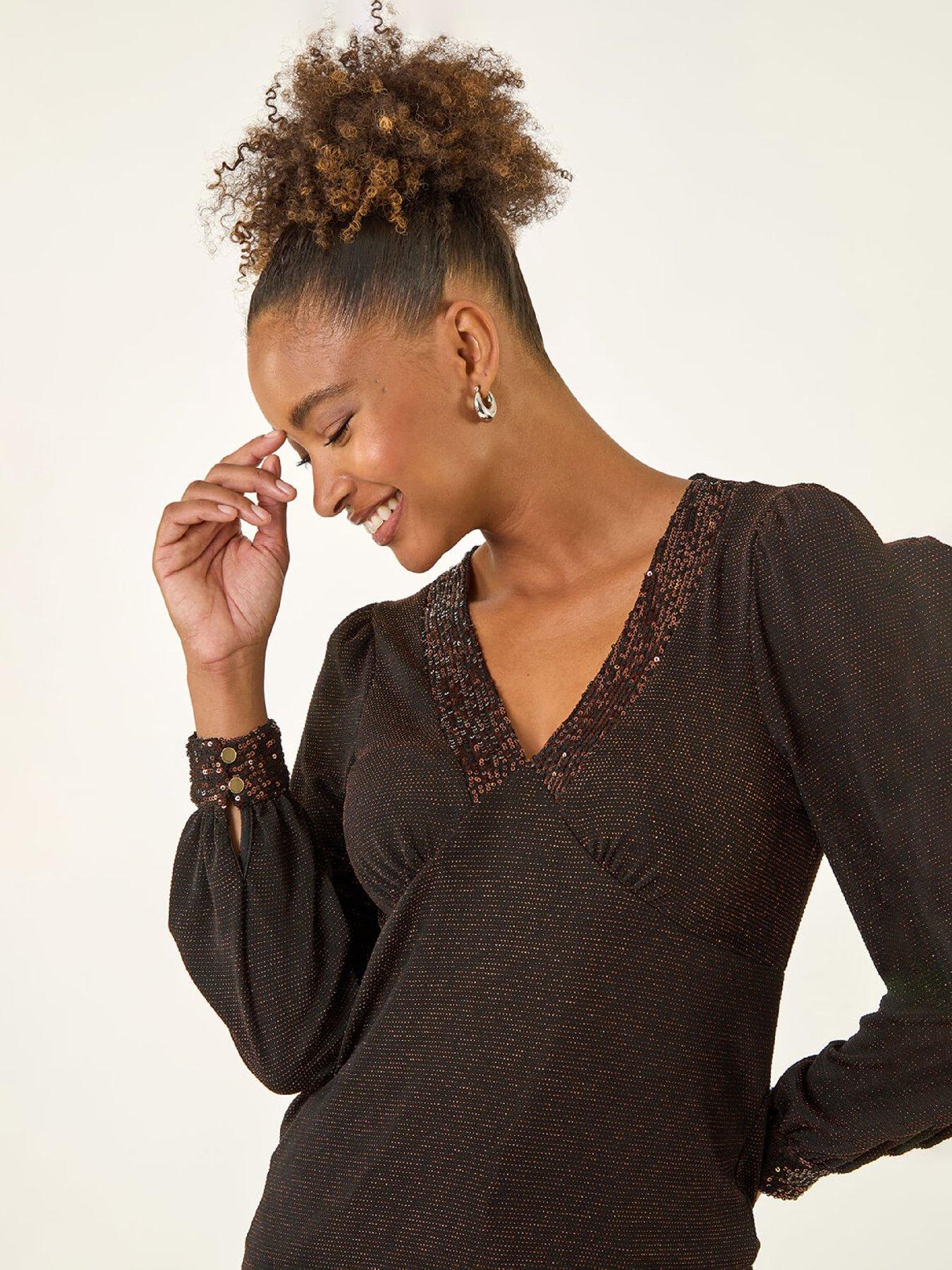 roman-brillo-sequin-v-neck-top-bronzeoutfit