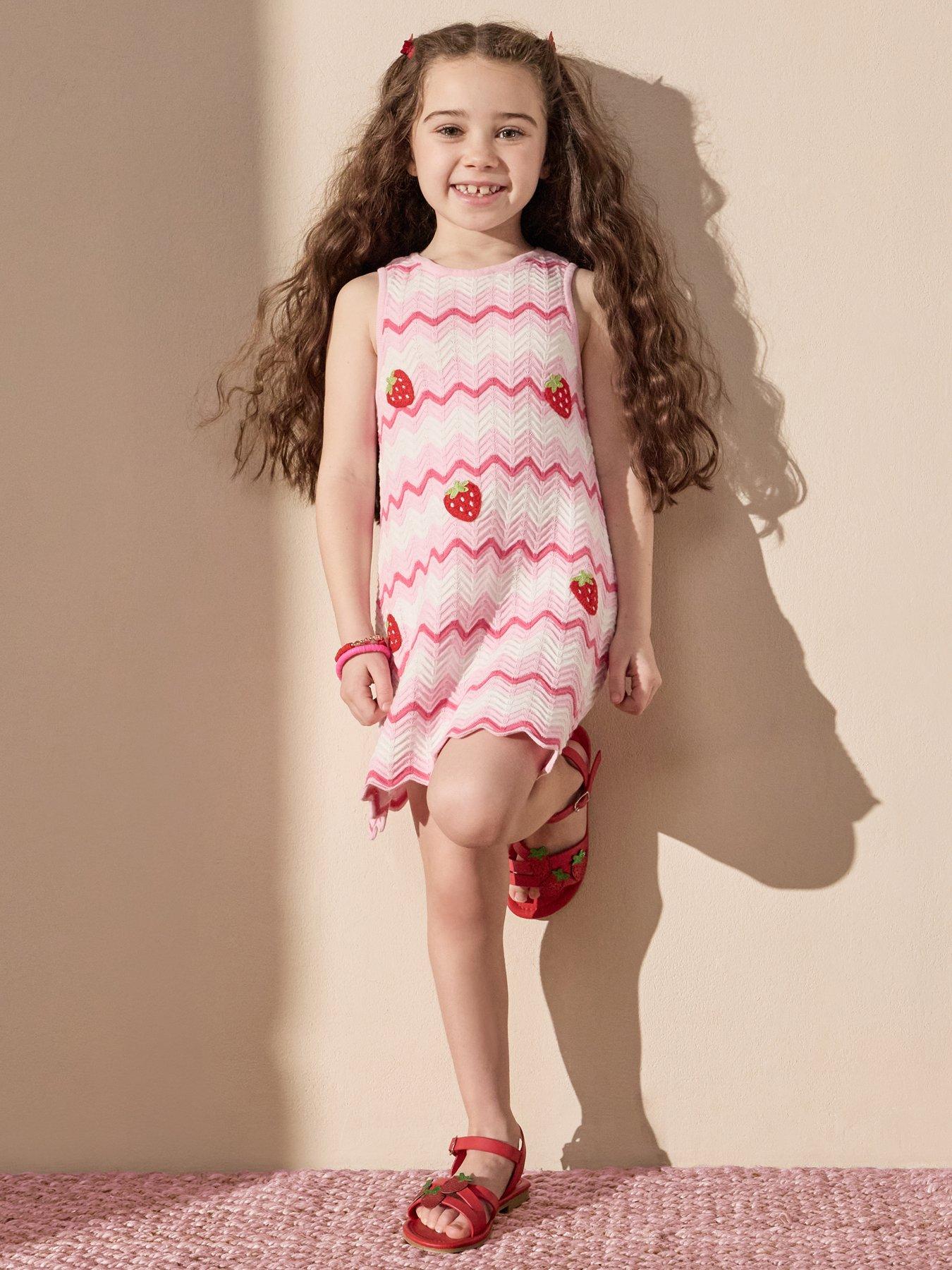 The Very Collection Girls Knitted Stripe Dress With Strawberry Crochet - Pink