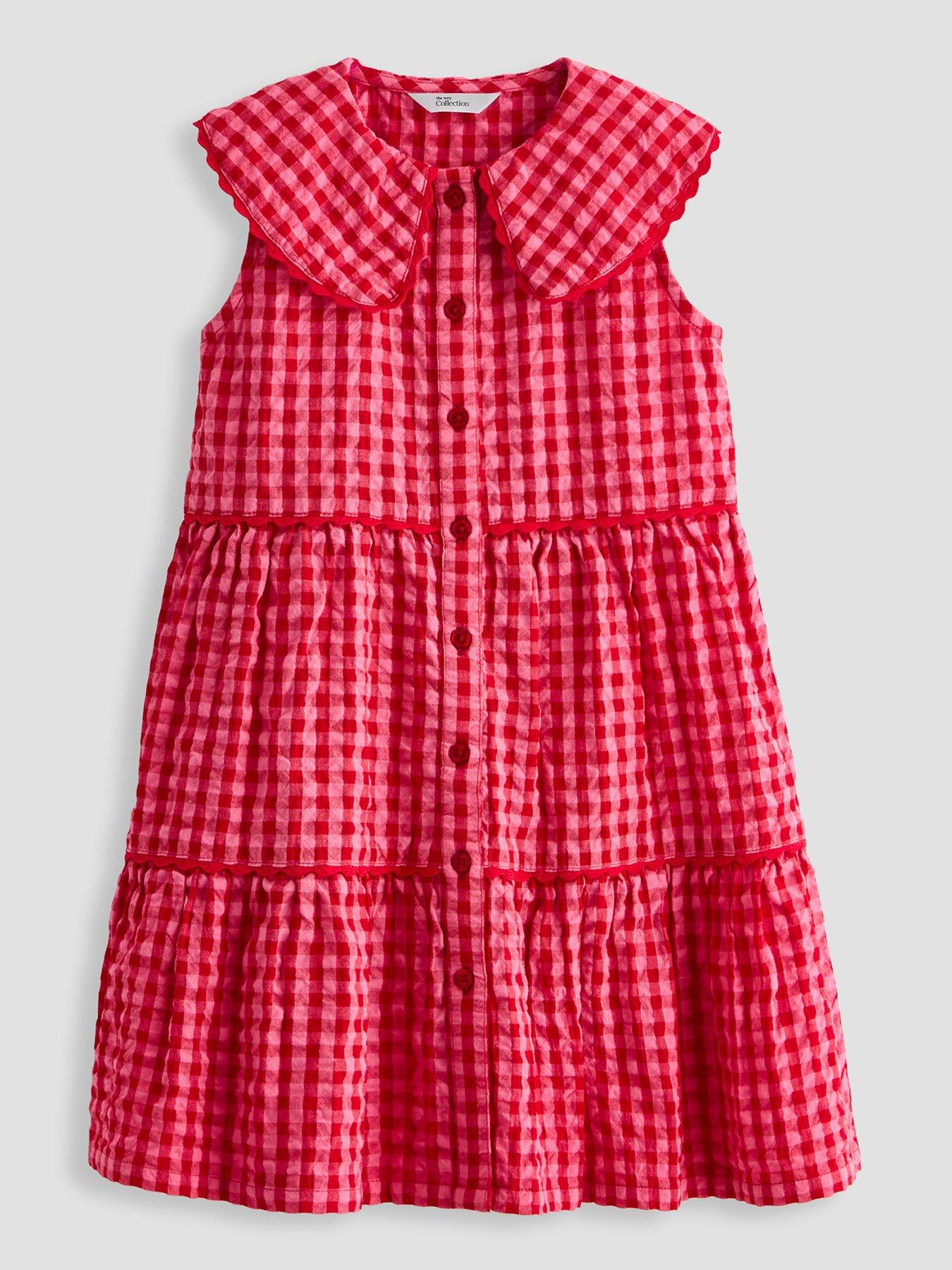 The Very Collection Girls Collar Gingham Ric Rac Dress - Pink