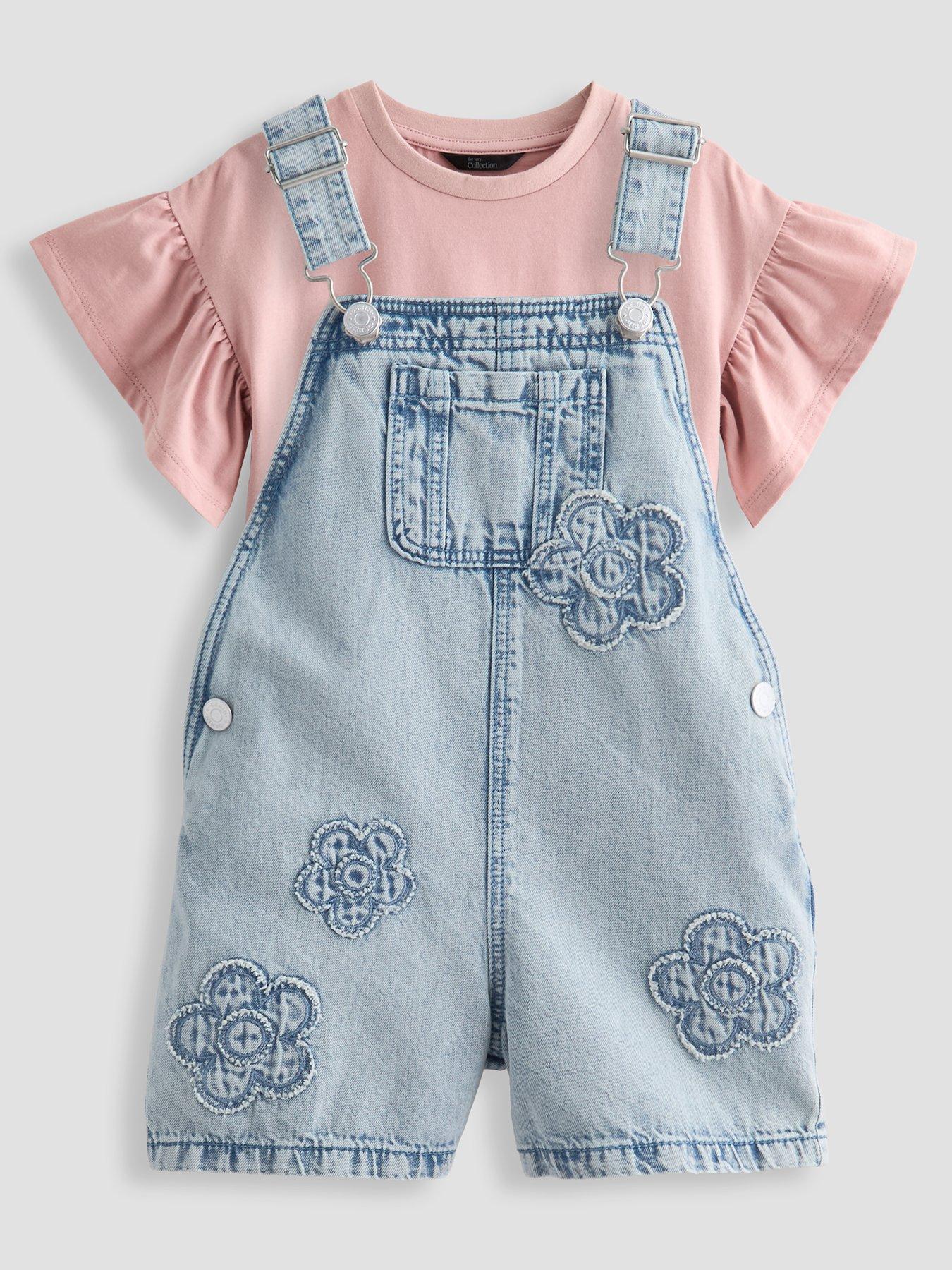 The Very Collection Girls Jean Pinny Outfit With Flowers - Mid Wash