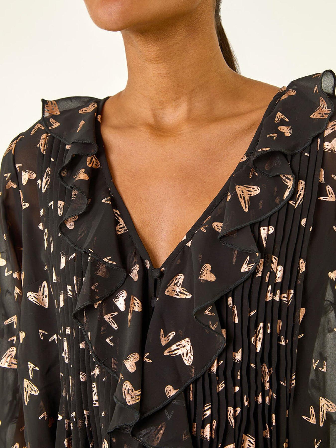roman-foil-heart-print-frill-front-blouse-rosedetail