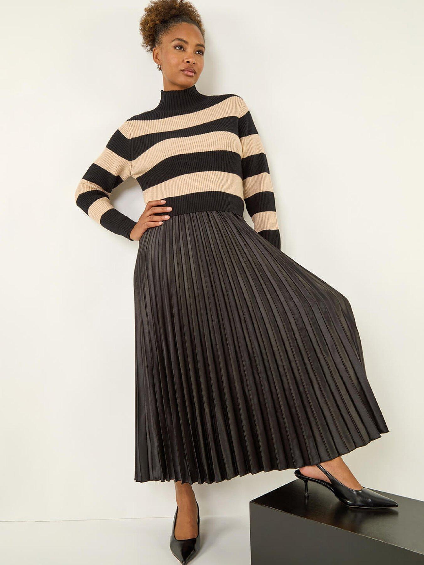 roman-stripe-knit-bodice-pleated-skirt-dress-black