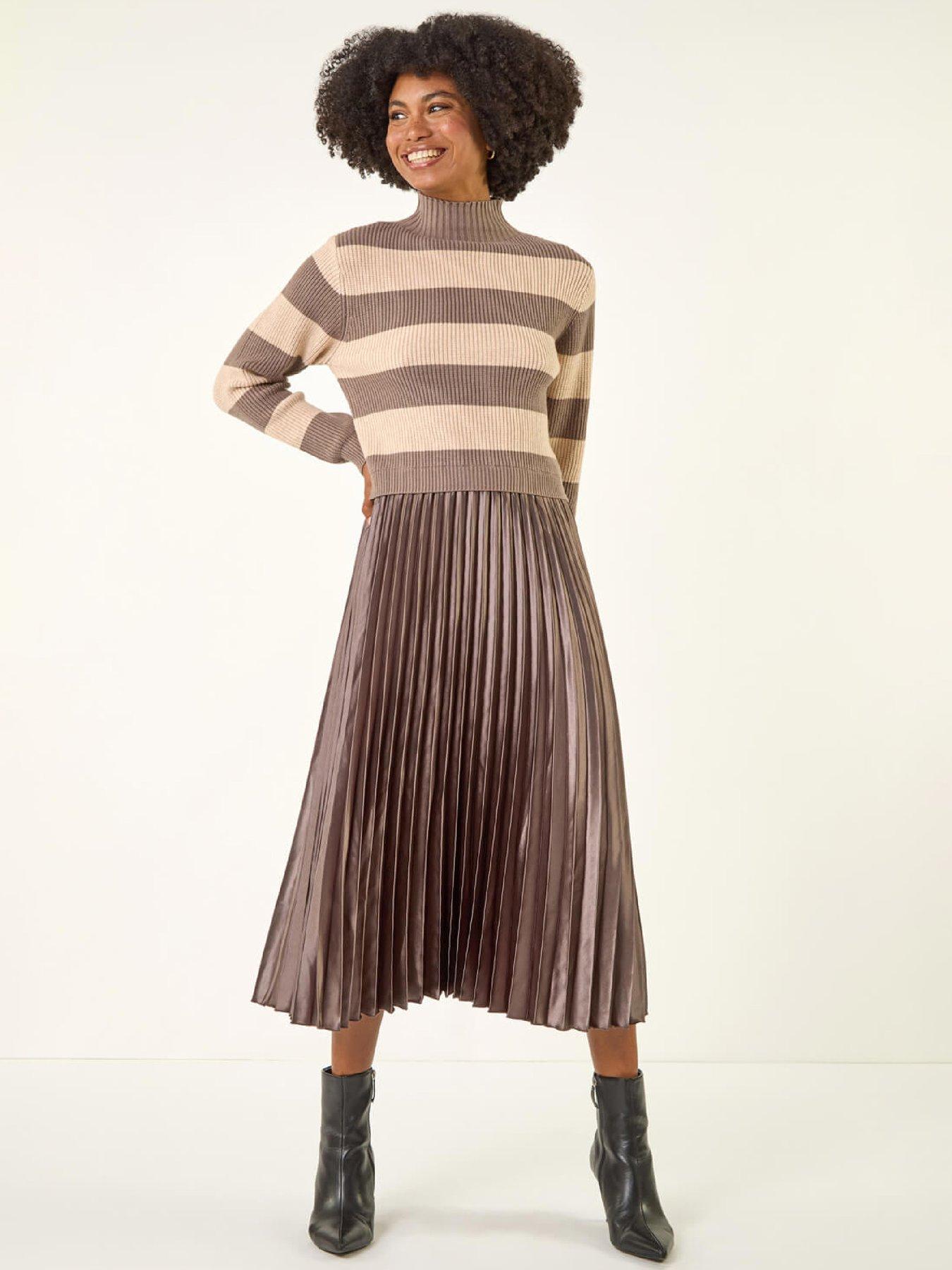 roman-stripe-knit-bodice-pleated-skirt-dress-tan