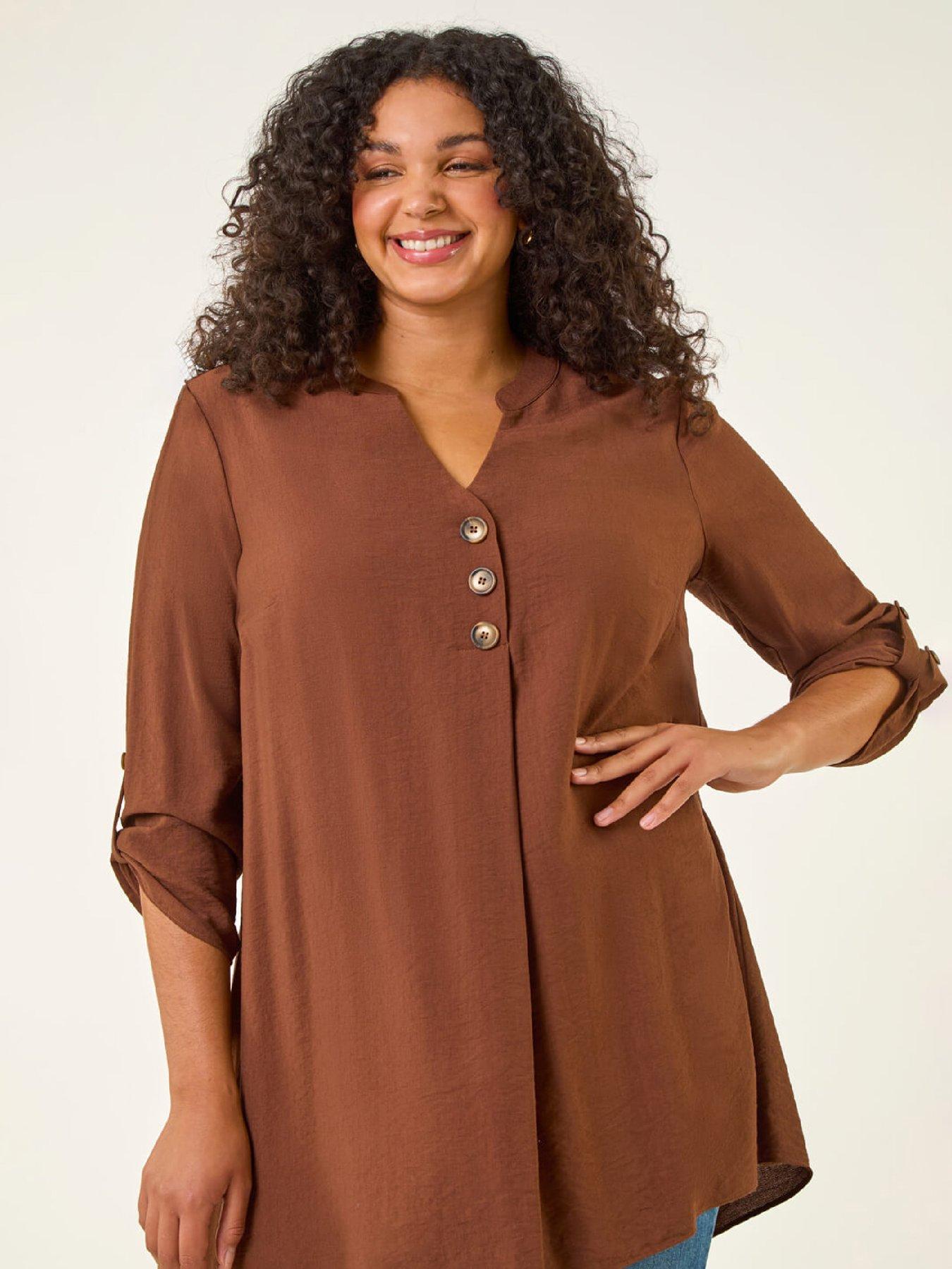 Roman Curve Textured Buttoned Tunic Top - Chocolate