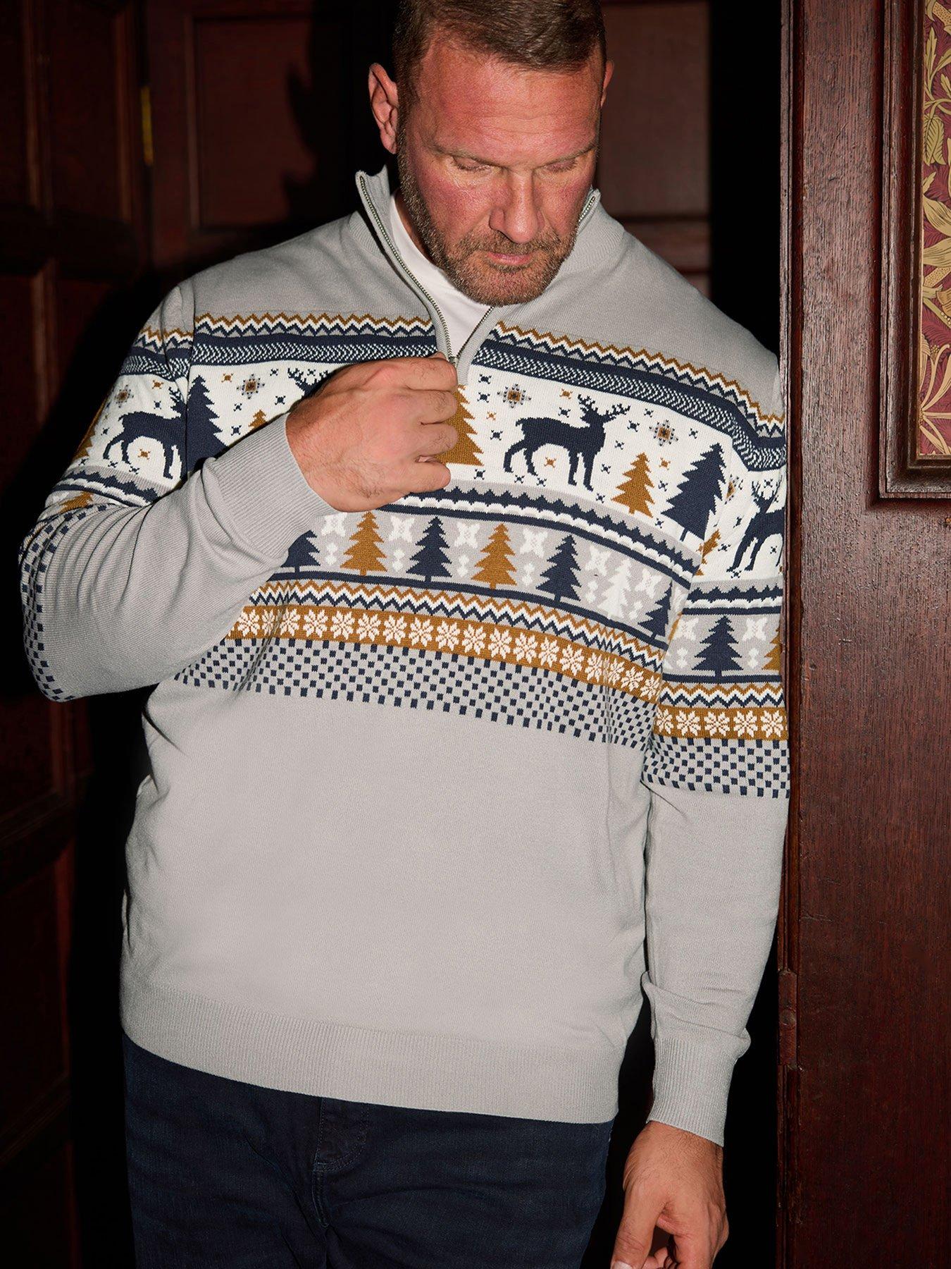 badrhino-stag-quarter-zip-fairisle-knitted-christmas-jumper-grey