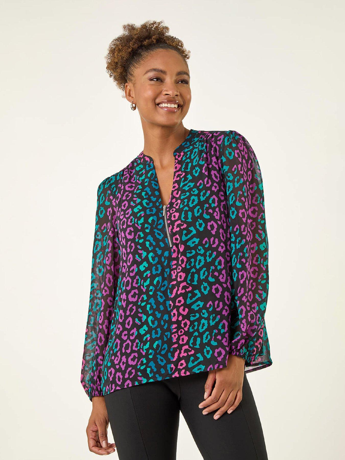 Roman Animal Print Zip Front Top - Teal