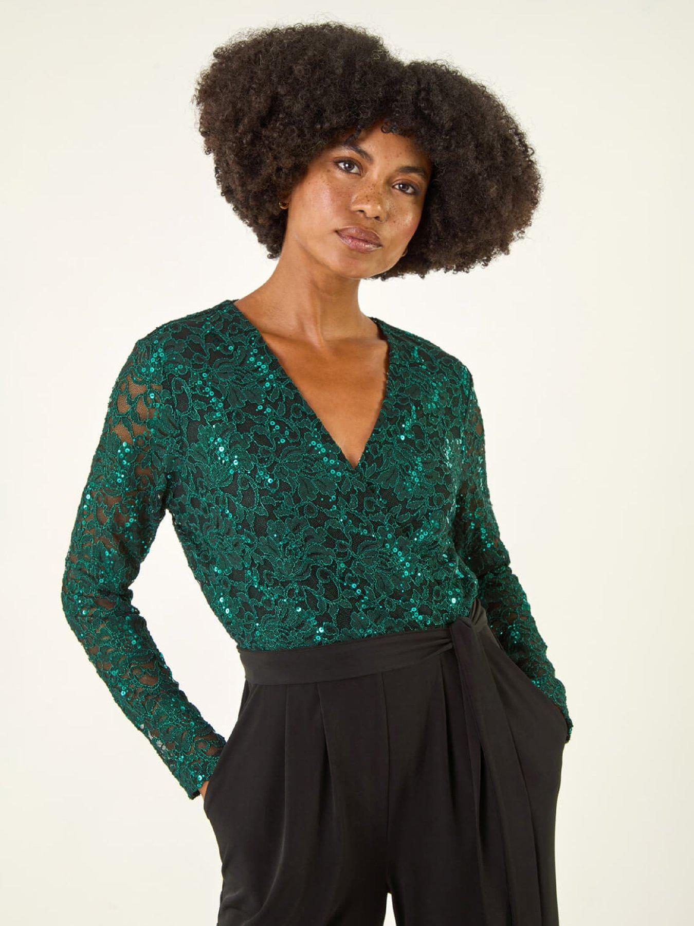 roman-sequin-lace-v-neck-stretch-jumpsuit-greenfront