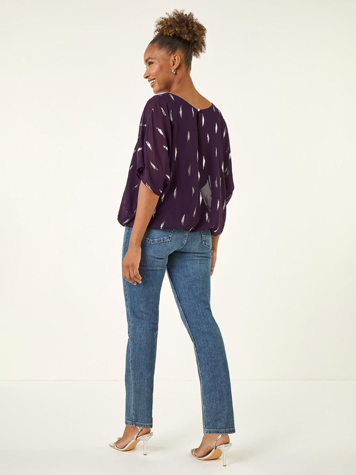roman-foil-print-bubble-hem-top-purplestillFront