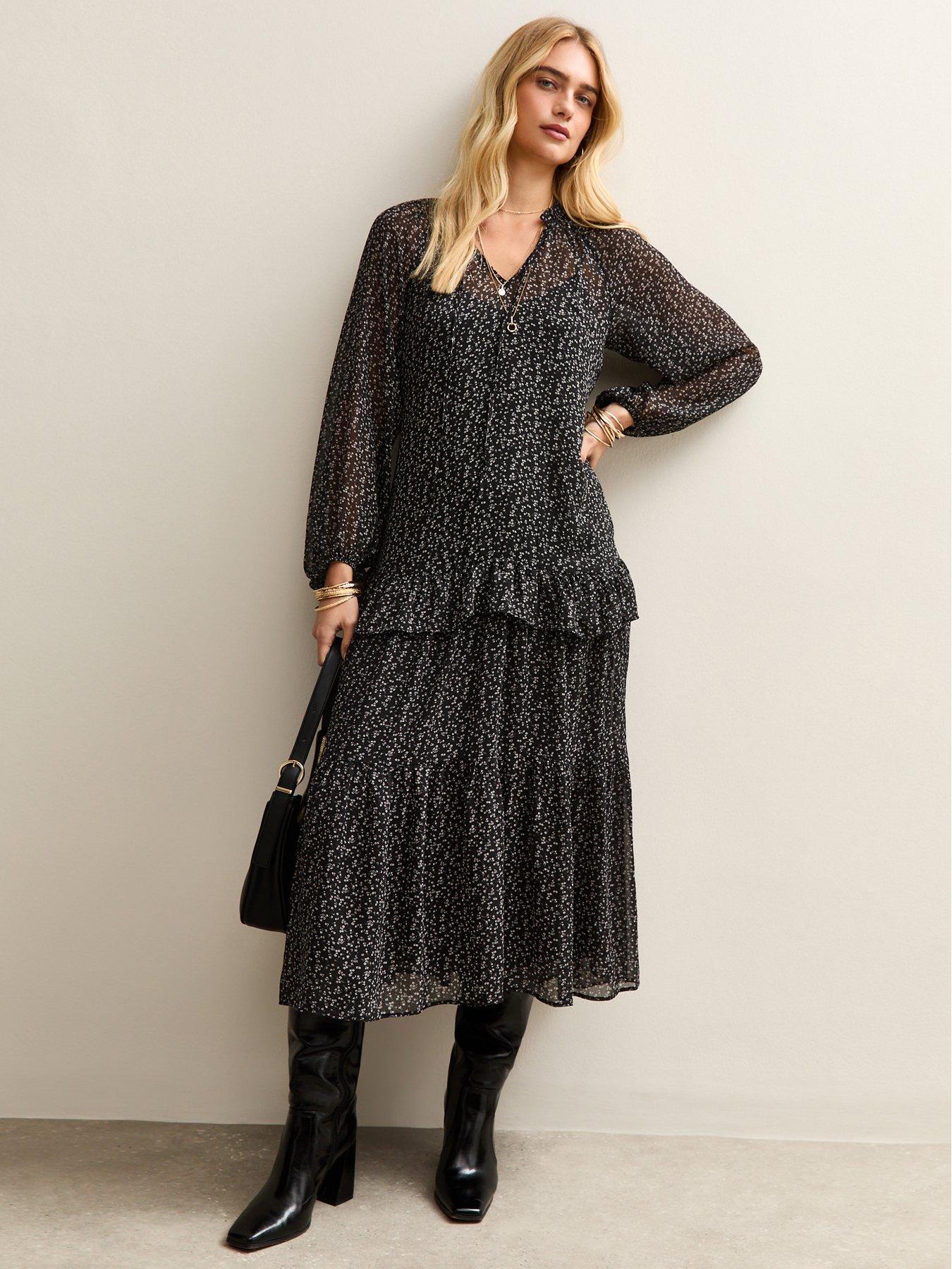 new-look-ditsy-print-ruffle-trim-chiffon-midi-dress-black